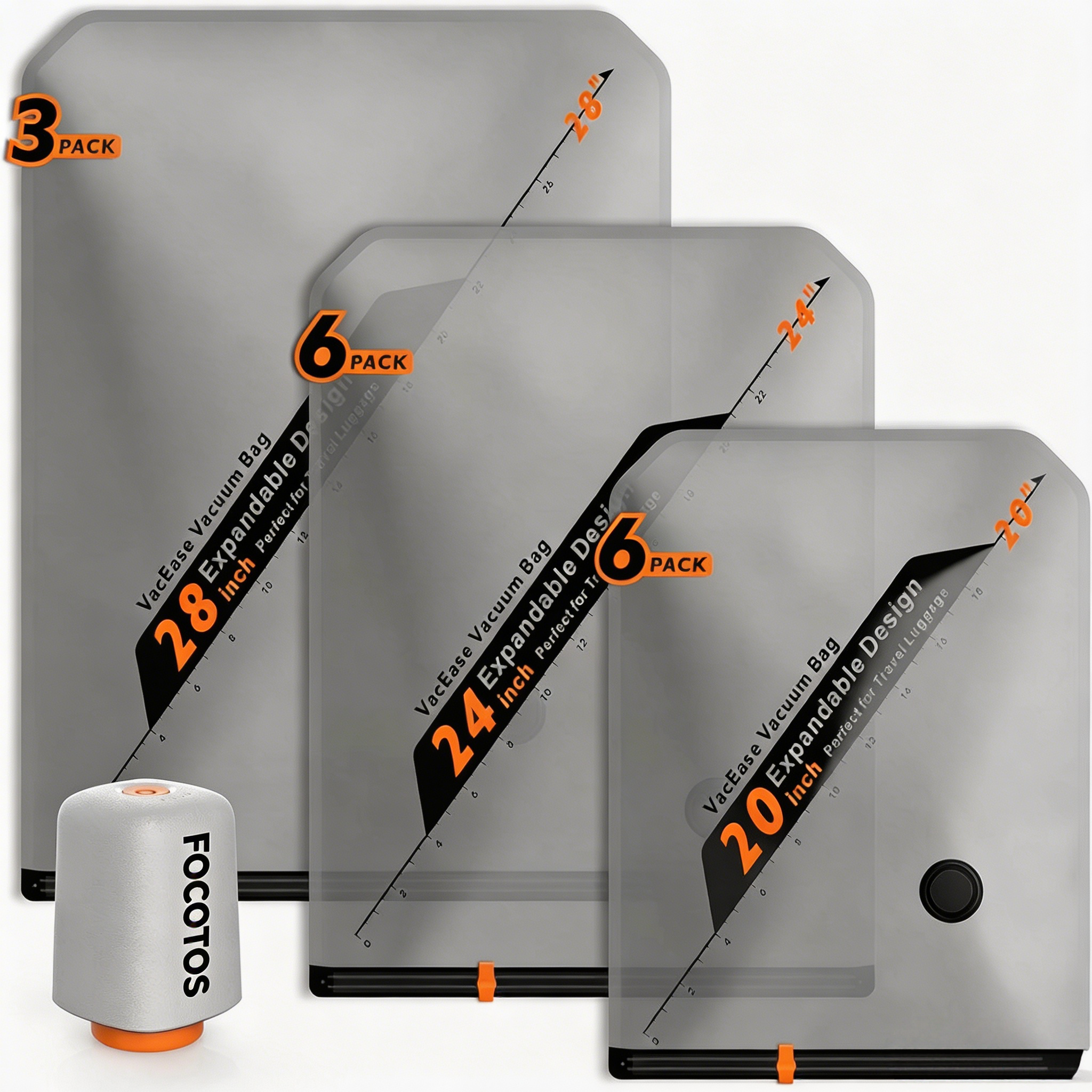 FOCOTOS Rechargeable Wireless Pump Travel Storage Bags Set - Portable Space Saver Bags for Travel & Home - Vacuum Compression Packing Seal for Clothes, Blankets, Seasonal Storage 15 Combo Set