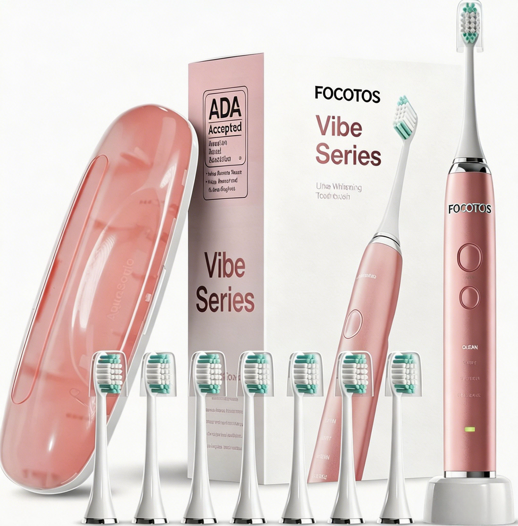 FOCOTOS Vibe Series Ultra-Whitening Toothbrush – ADA Accepted Electric Toothbrush - 8 Brush Heads & Travel Case – 40,000 VPM Motor & Wireless Charging - 4 Modes w Smart Timer – Satin Rose Gold