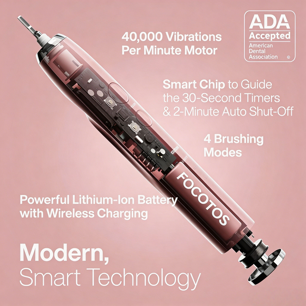 FOCOTOS Vibe Series Ultra-Whitening Toothbrush – ADA Accepted Electric Toothbrush - 8 Brush Heads & Travel Case – 40,000 VPM Motor & Wireless Charging - 4 Modes w Smart Timer – Satin Rose Gold
