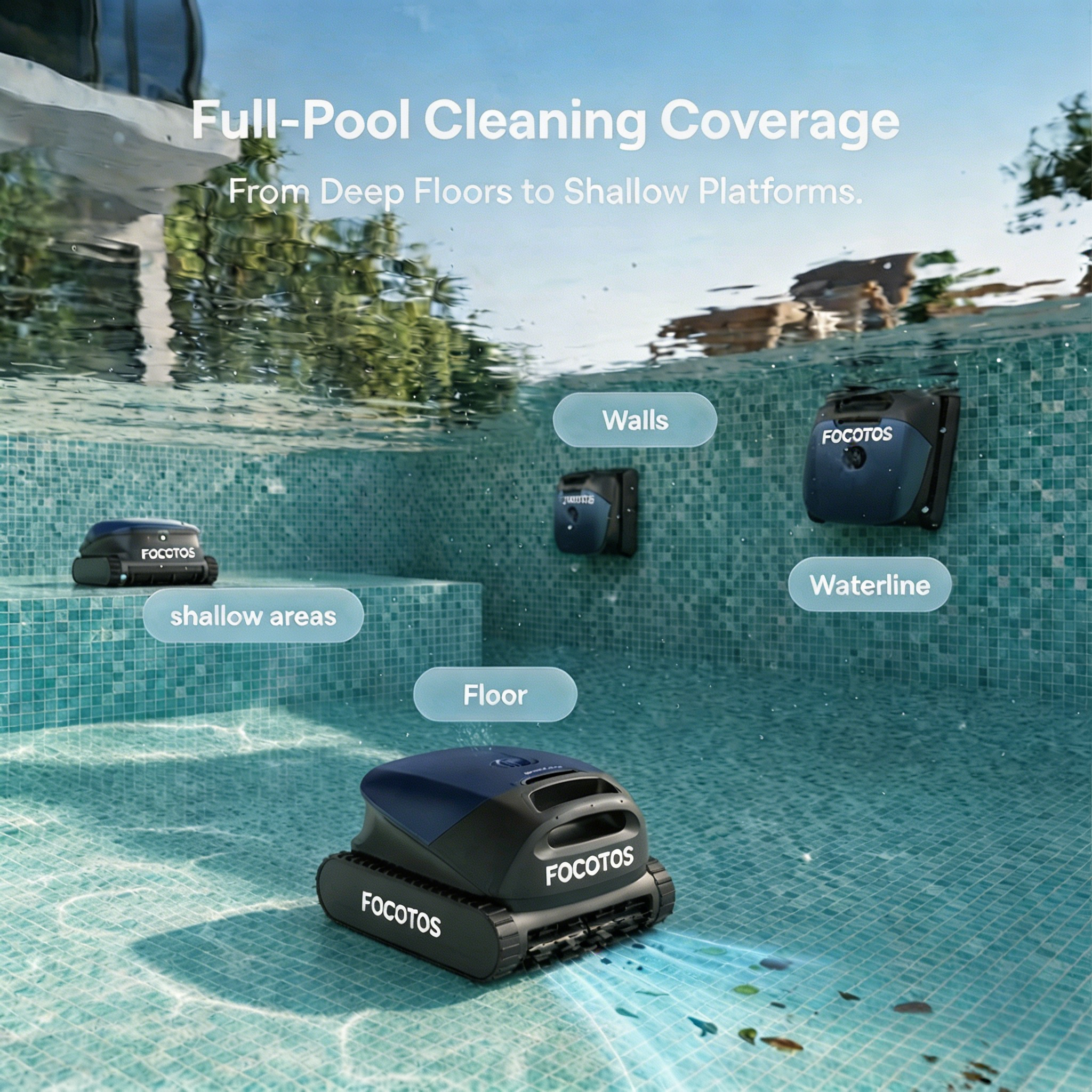 FOCOTOS Sora 10 Pool Vacuum Robot with Shallow Water Platform Cleaning - Royal Blue