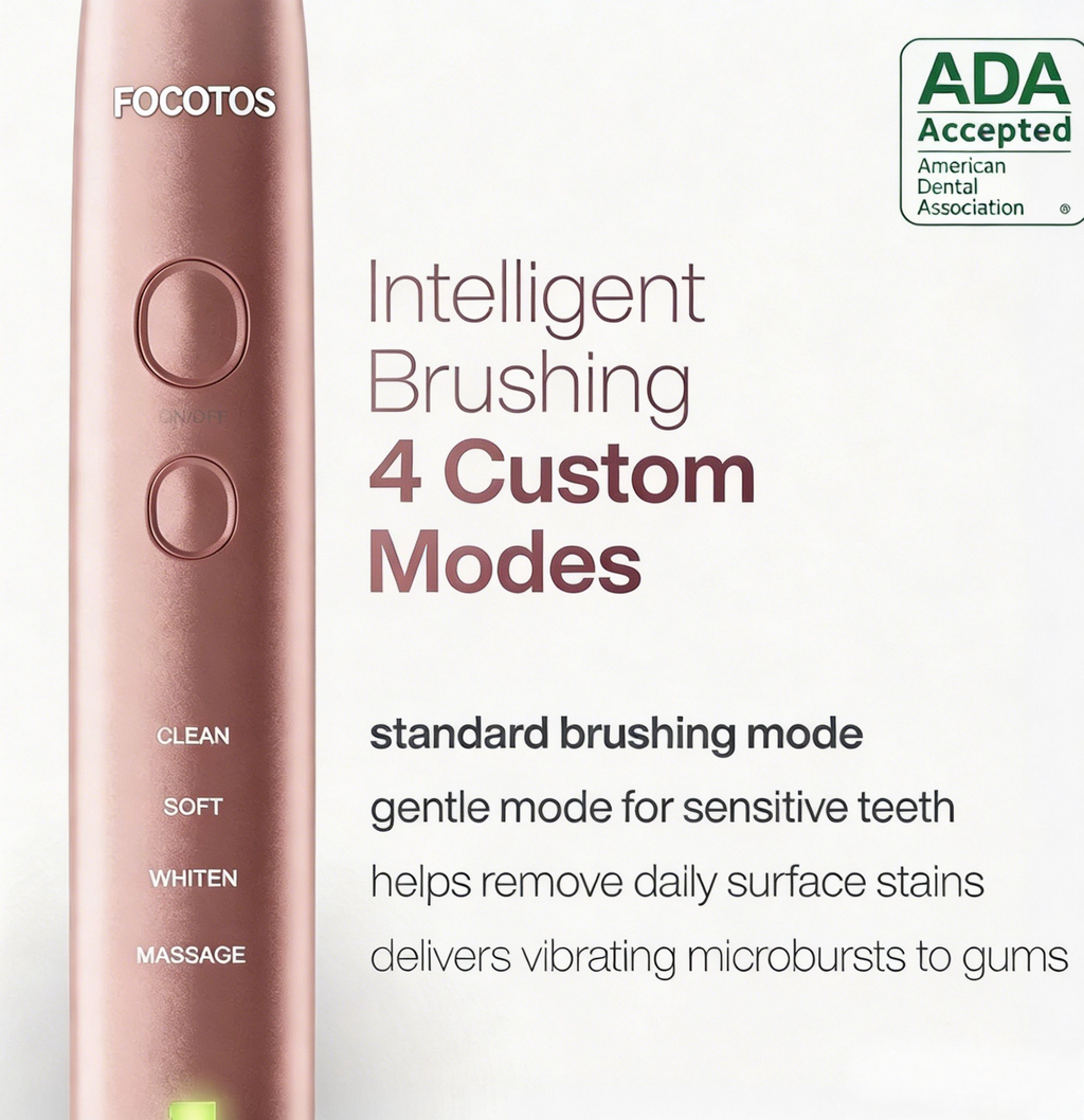 FOCOTOS Vibe Series Ultra-Whitening Toothbrush – ADA Accepted Electric Toothbrush - 8 Brush Heads & Travel Case – 40,000 VPM Motor & Wireless Charging - 4 Modes w Smart Timer – Satin Rose Gold