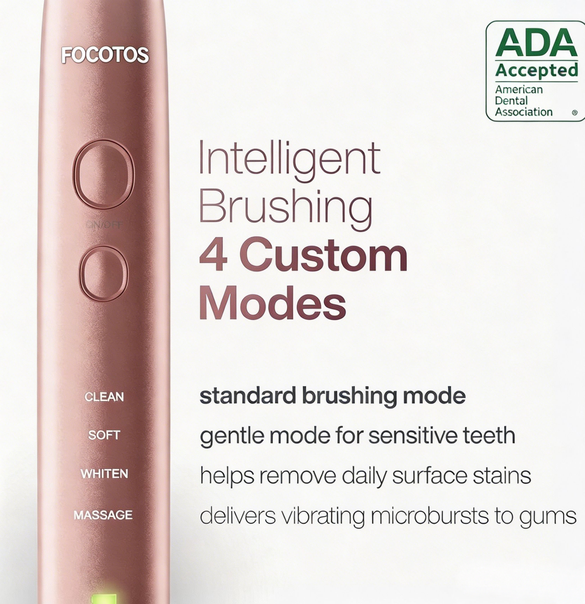 FOCOTOS Vibe Series Ultra-Whitening Toothbrush – ADA Accepted Electric Toothbrush - 8 Brush Heads & Travel Case – 40,000 VPM Motor & Wireless Charging - 4 Modes w Smart Timer – Satin Rose Gold