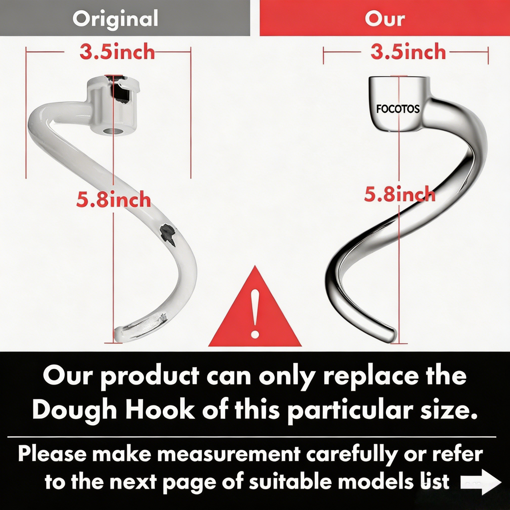 FOCOTOS Stainless Steel Spiral Dough Hook Replacement for KitchenAid 4.5QT & 5QT Bowl Tilt-Head Stand Mixers, Rust-resistant & Easy Clean, Efficient Kneading for Bread, Pizza, Pasta, Cookies
