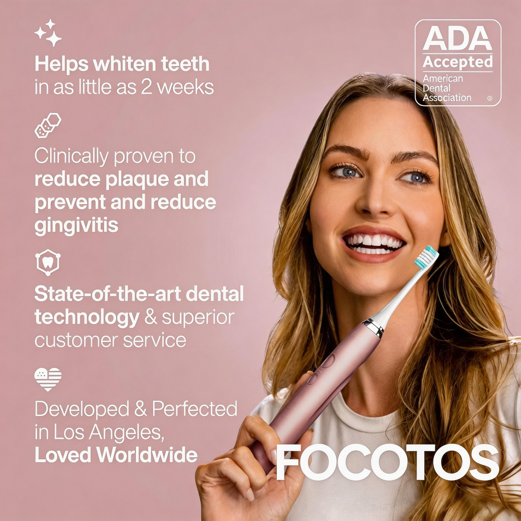 FOCOTOS Vibe Series Ultra-Whitening Toothbrush – ADA Accepted Electric Toothbrush - 8 Brush Heads & Travel Case – 40,000 VPM Motor & Wireless Charging - 4 Modes w Smart Timer – Satin Rose Gold