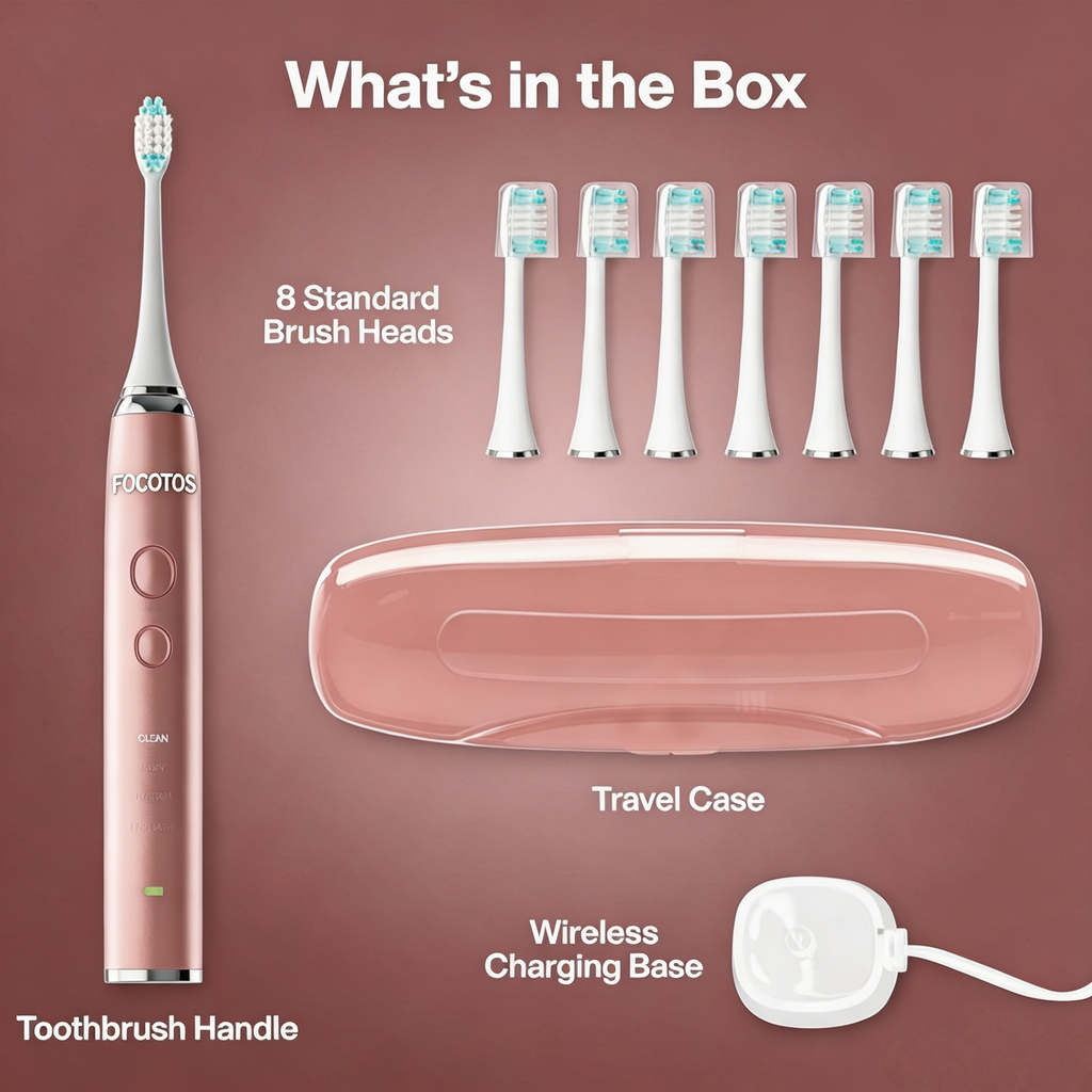 FOCOTOS Vibe Series Ultra-Whitening Toothbrush – ADA Accepted Electric Toothbrush - 8 Brush Heads & Travel Case – 40,000 VPM Motor & Wireless Charging - 4 Modes w Smart Timer – Satin Rose Gold