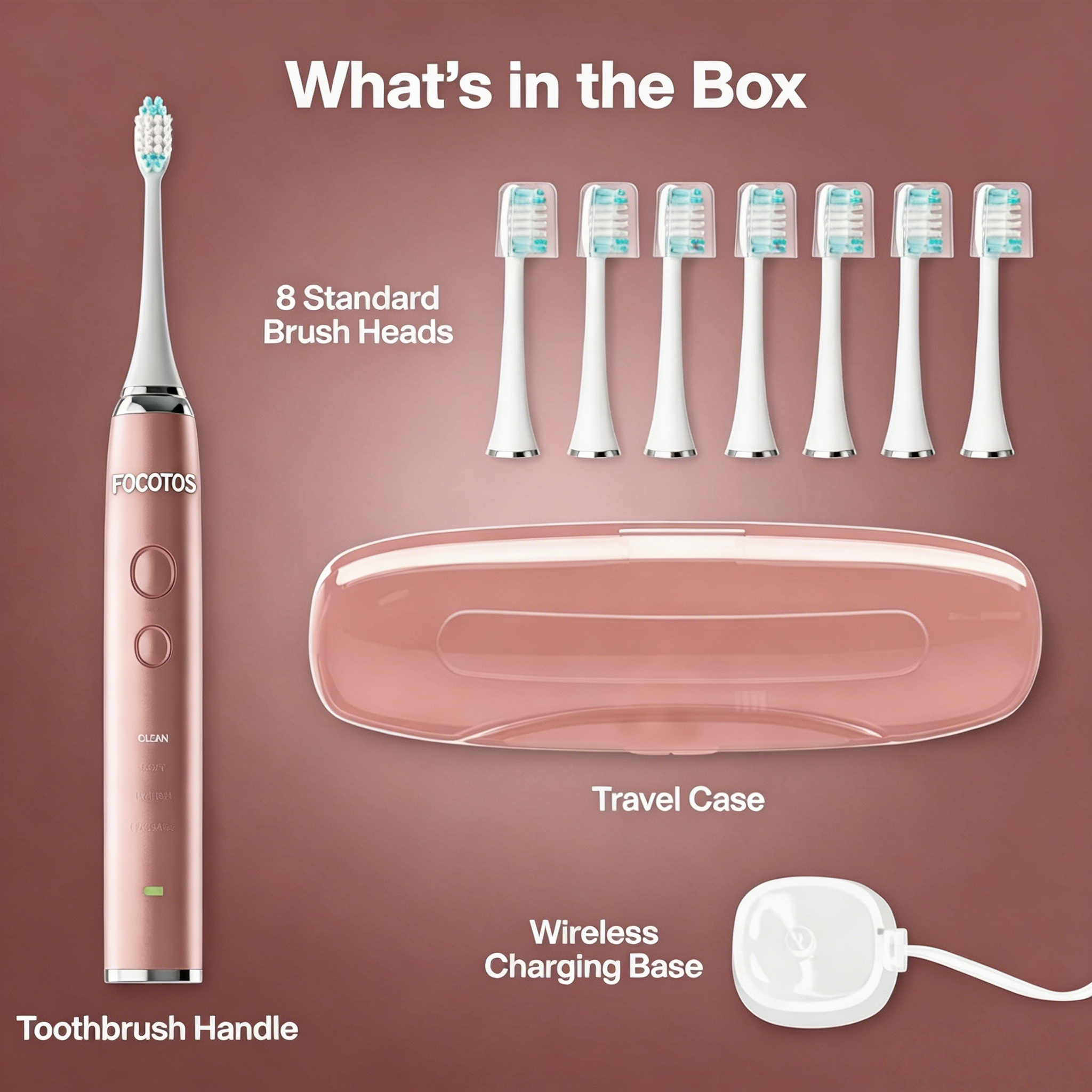 FOCOTOS Vibe Series Ultra-Whitening Toothbrush – ADA Accepted Electric Toothbrush - 8 Brush Heads & Travel Case – 40,000 VPM Motor & Wireless Charging - 4 Modes w Smart Timer – Satin Rose Gold