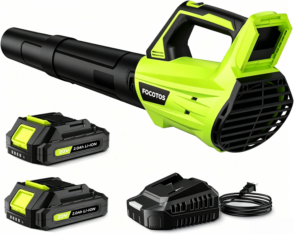 FOCOTOS Leaf Blower Cordless, Leaf Blower with Battery and Charger - 2 Speed Modes, 2 Batteries, 20V Powerful Lightweight Electric Blowers for Blowing Leaves, Lawn Care, Patio, Green
