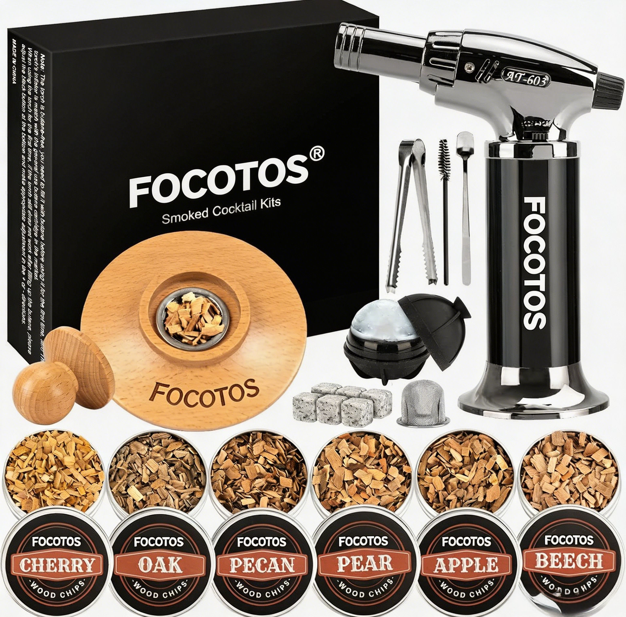FOCOTOS Cocktail Smoker Kit with Torch – 6 Flavors Wood Chips – Bourbon, Whiskey Smoker Infuser Kit, Old Fashioned Drink Smoker Kit, Birthday Bourbon Whiskey Gifts for Men, Dad, Husband (Without Butane)