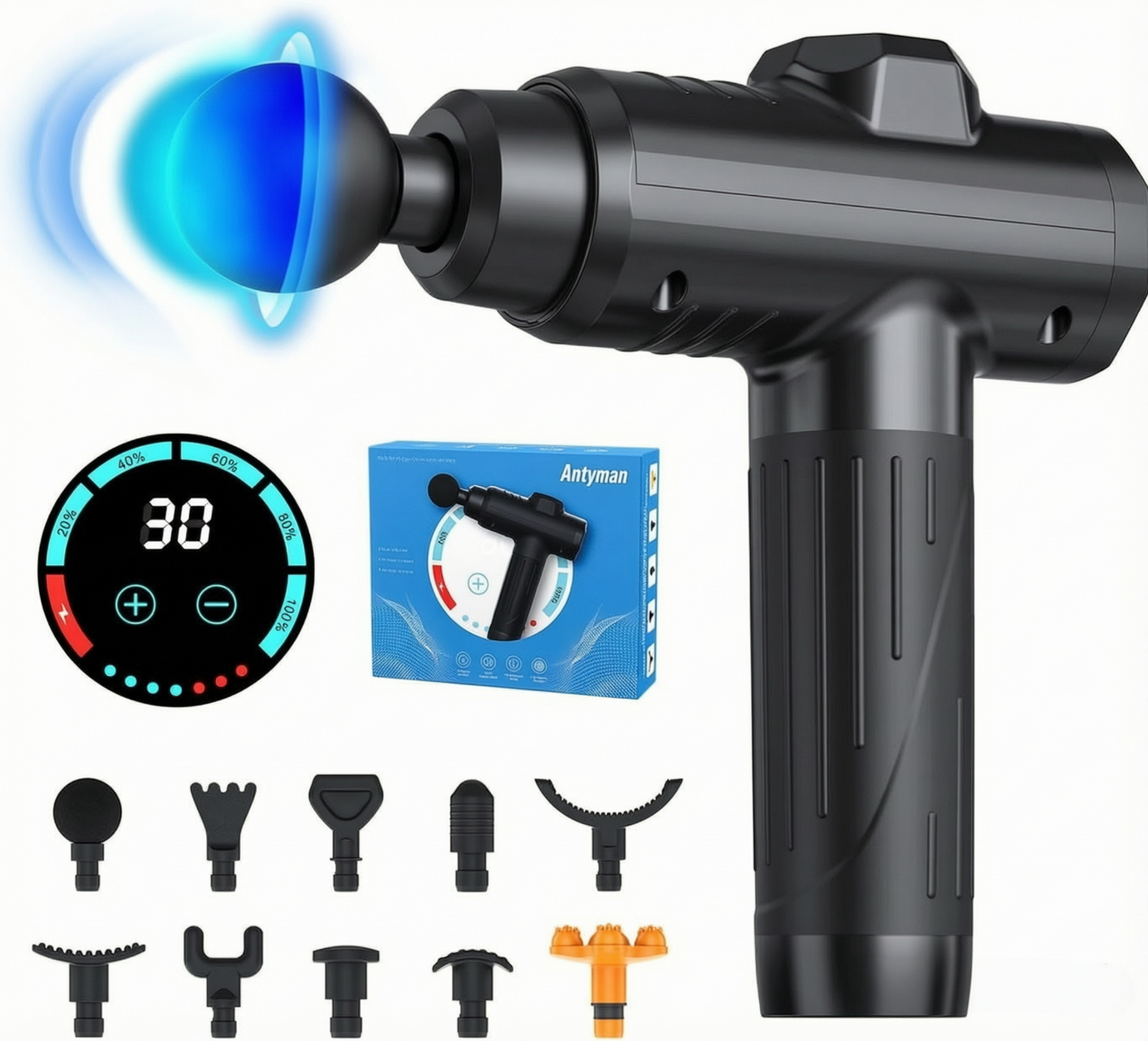 Antyman Massage Gun Deep Tissue, Portable Muscle Massage Device with 10 Massage Heads, 2026 Upgraded 30 Speeds Massager with LCD Touch Screen for Body Back Shoulder Muscle Relaxation