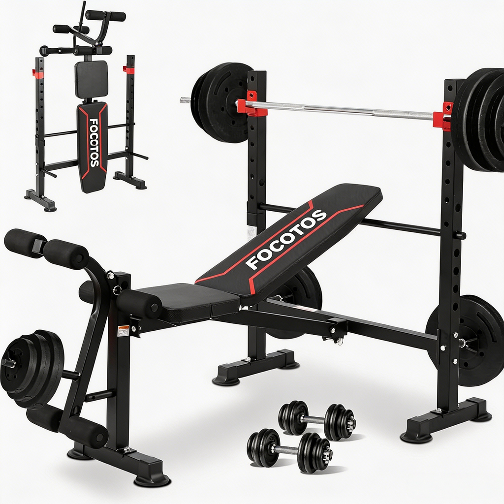 FOCOTOS Foldable 1500LBS Capacity 8 IN 1 Weight Bench Set with Leg Extension/Squat Rack/Preacher Curl, Adjustable Bench Press for Home Gym Full Body Workout (US Stock)