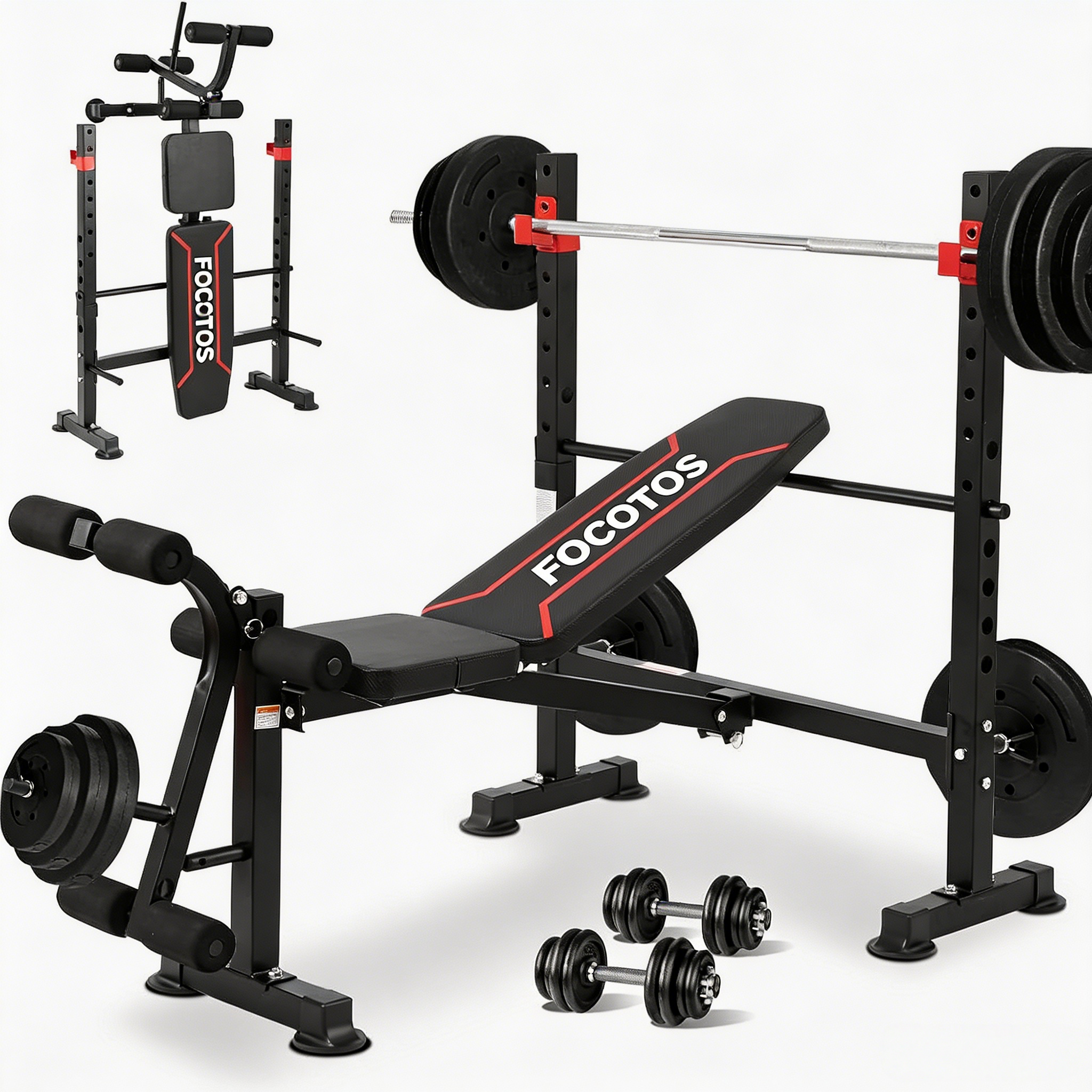 FOCOTOS Foldable 1500LBS Capacity 8 IN 1 Weight Bench Set with Leg Extension/Squat Rack/Preacher Curl, Adjustable Bench Press for Home Gym Full Body Workout (US Stock)