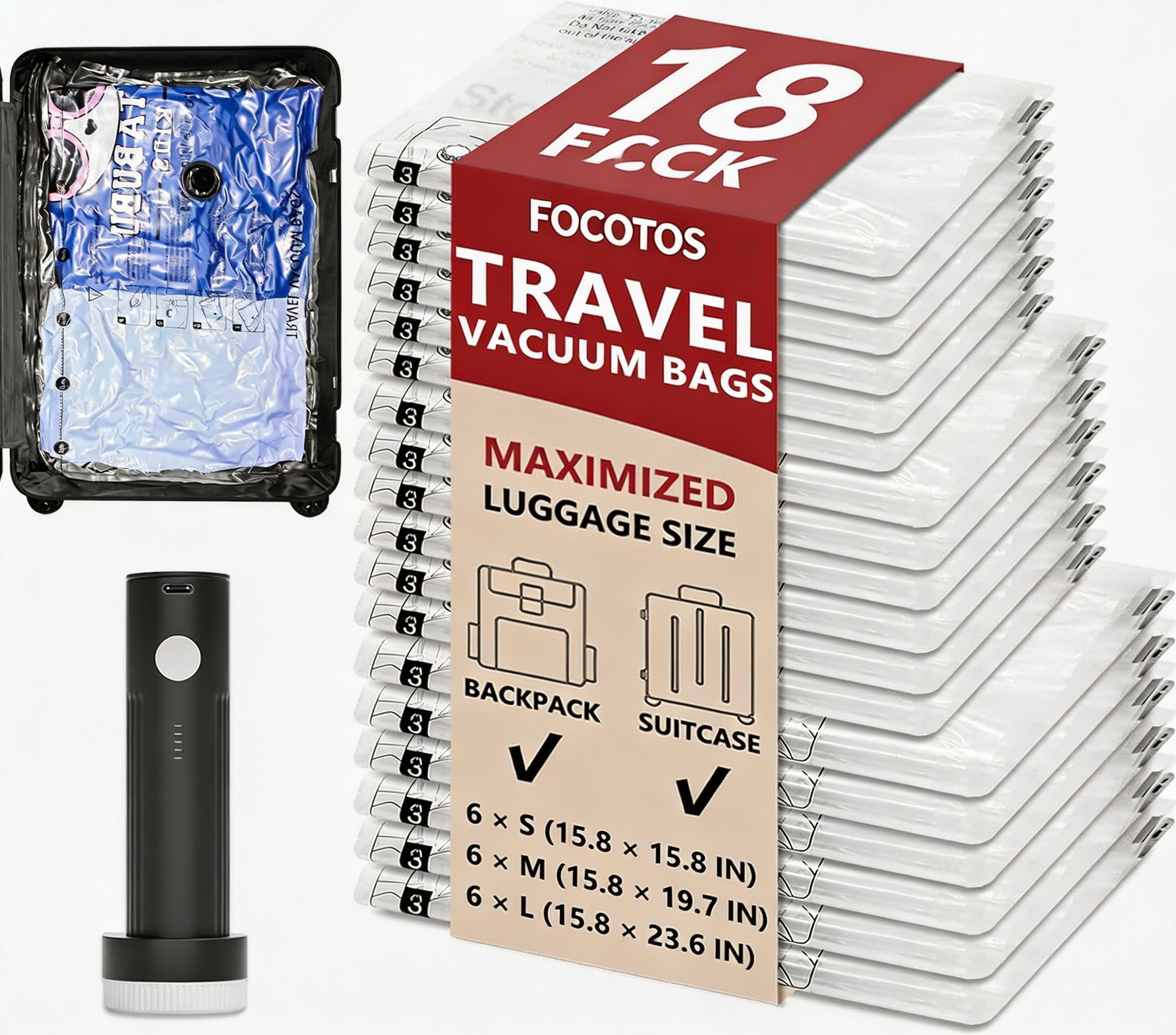 FOCOTOS Travel Vacuum Bags for Clothing with Rechargeable Electric Pump, Compression Packing Cubes Organizer Storage for Luggage Suitcase, Space Saver Seal Bags for Vacation Cruise, 18 Combo