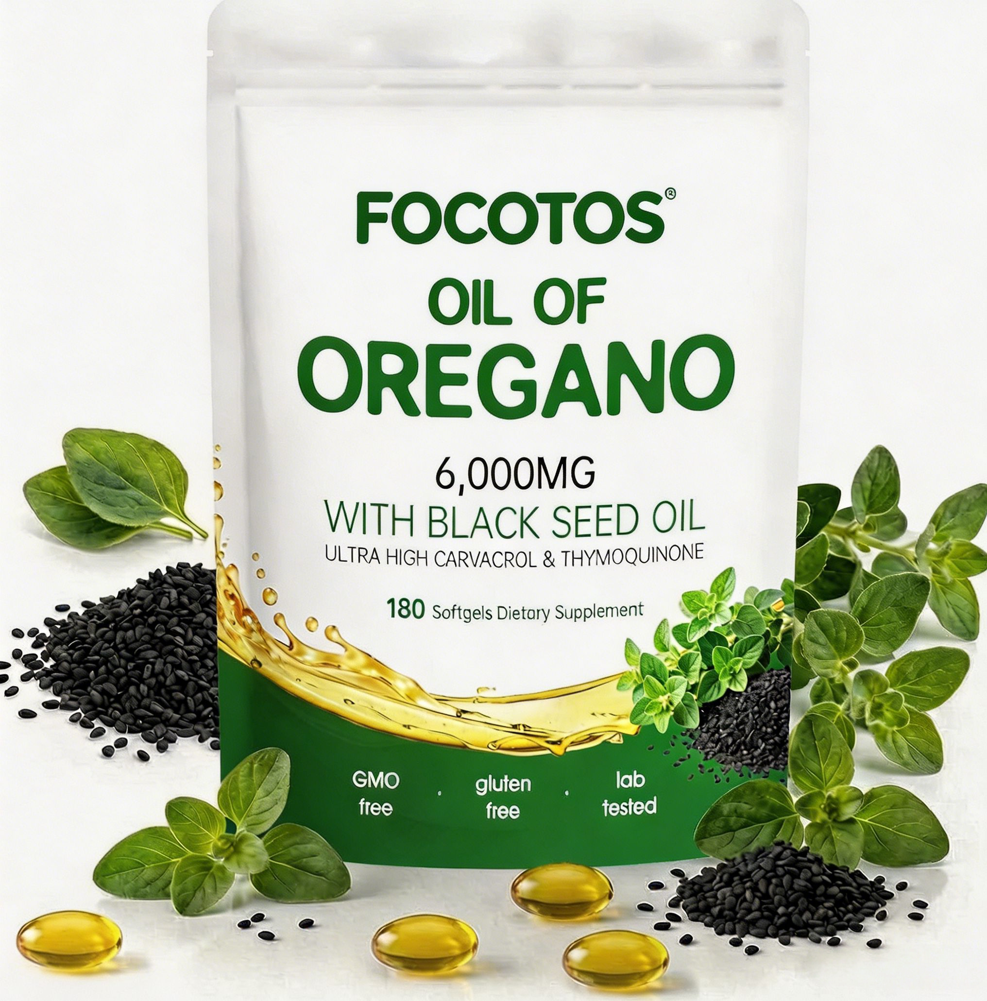FOCOTOS Oil of Oregano with Black Seed Oil, 180 Count Oregano Oil Capsules with 4X Strength of Carvacrol and Thymoquinone, Non-GMO, Natural Herbal Health Supplement