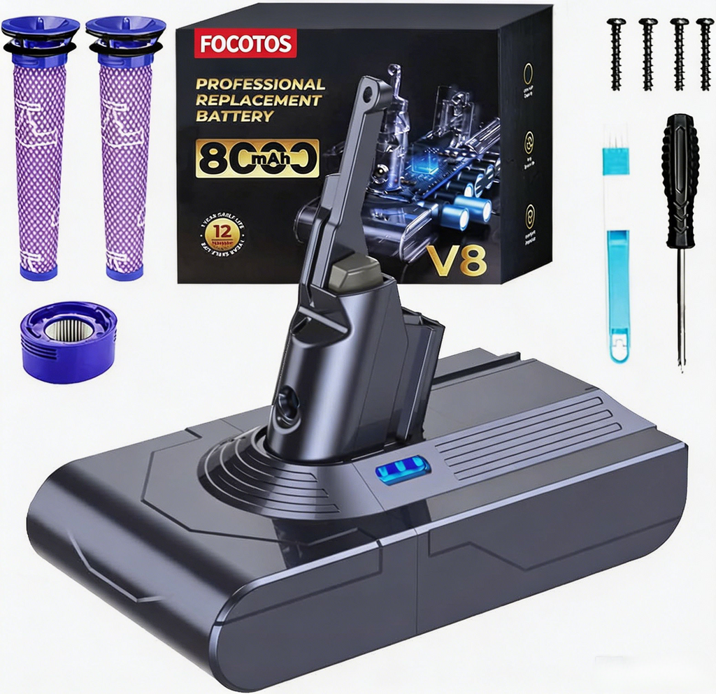 Batteria FOCOTOS 8000mAh per Dyson V8, Sostituzione Batteria Li-ion Compatibile con V8 Animal, Absolute, Fluffy, Parquet, SV10 - Con 3 Filtri, Spazzola e Cacciavite Inclusi