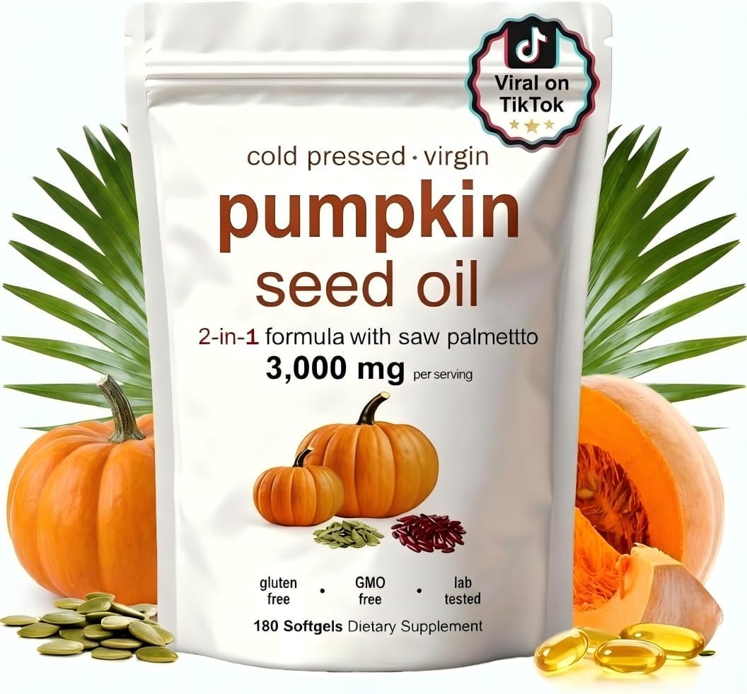 FOCOTOS Pumpkin Seed Oil Capsules, Pumpkin Seed Oil with Saw Palmetto- 3000mg -Cold Pressed - for Hair Growth- Non-GMO - 180 Softgels