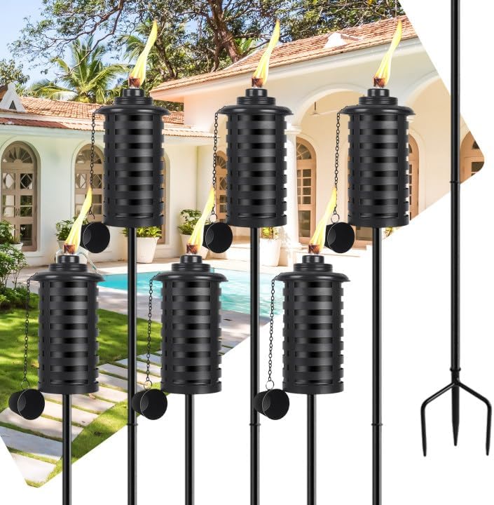 FOCOTOS 6 Pcs Metal Torch for Outside, 16 oz Outdoor Metal Torch Garden Décor,59-Inch Upgraded Citronella Torches with 3-Prong Grounded Stake, Table Top Torches for Party Patio Pathway