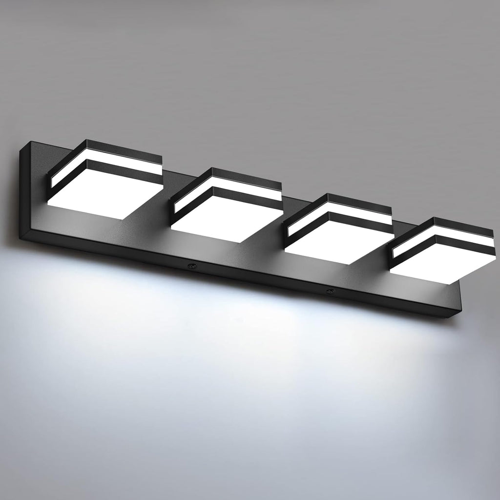 FOCOTOS LED Modern Bathroom Lights Fixtures(4-Light,Dimmable,360°Rotate),Matte Black Acrylic Wall Lighting,Vanity Lights for Bathroom Over Mirror - 6000k 24In （No Assembly Required）