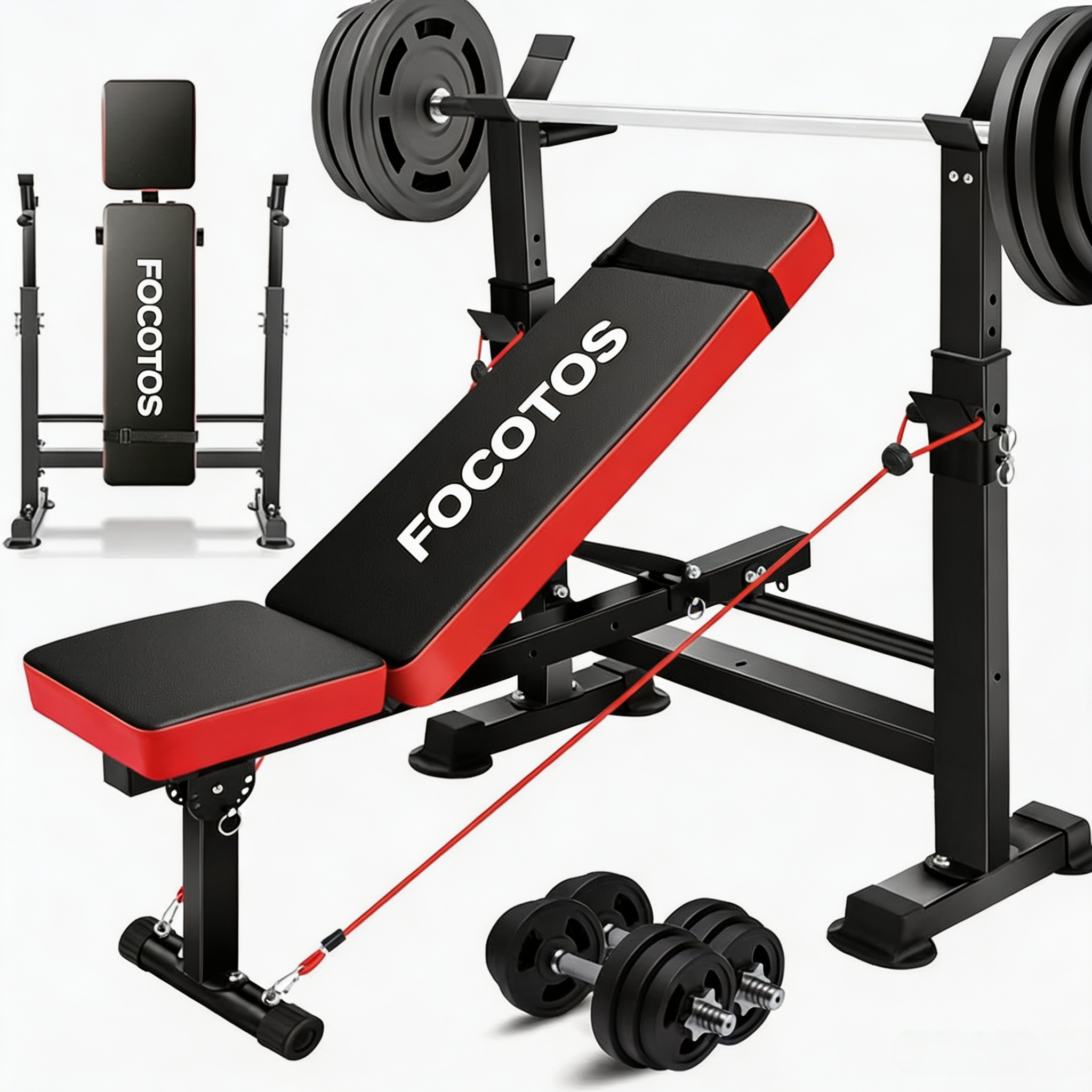 FOCOTOS 900LBS All in One Weight Bench Set with Squat Rack Adjustable Workout Bench with Leg Developer Preacher Curl Rack Fitness Strength Training Bench for Home Gym