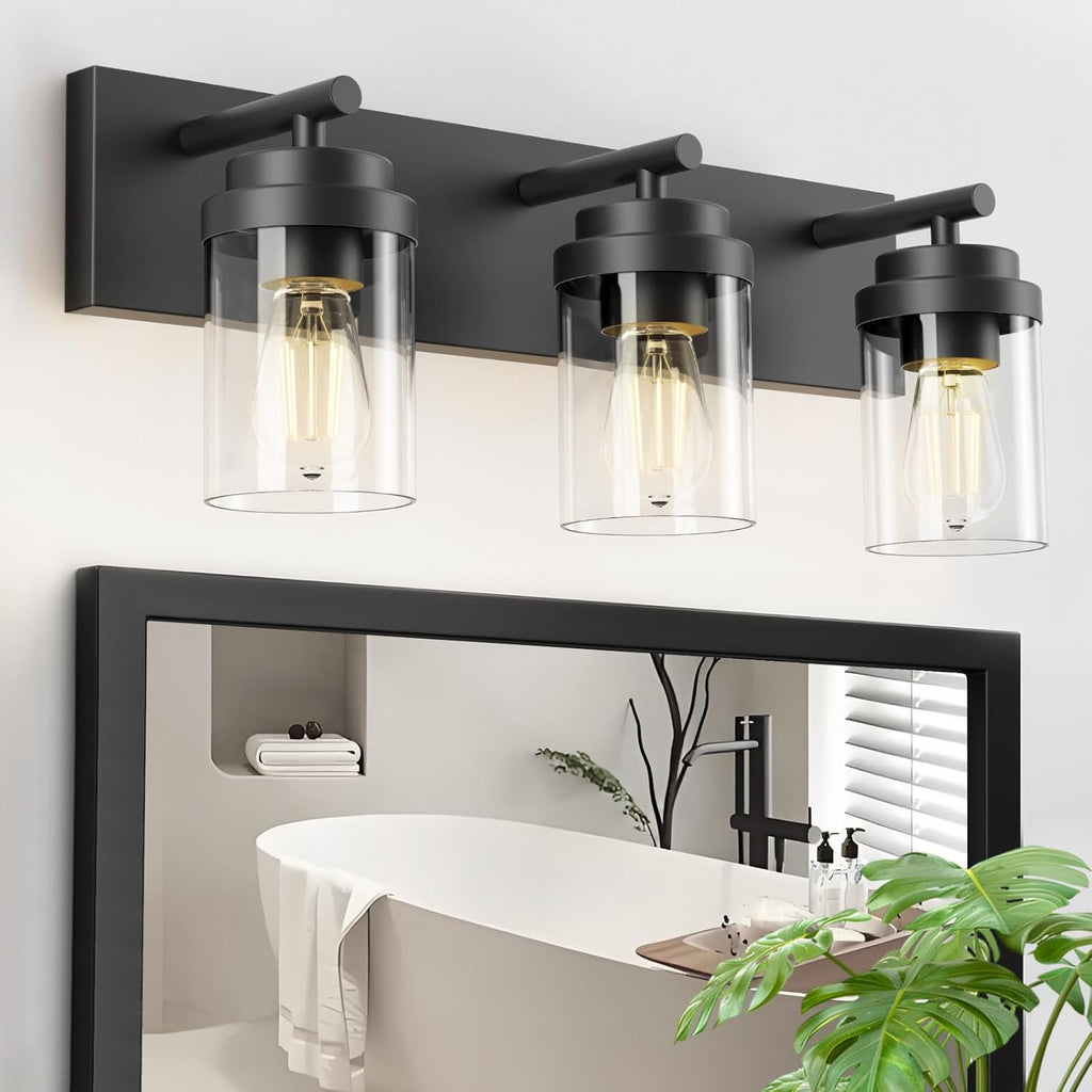 FOCOTOS Bathroom Vanity Light Fixture, 3-Light 22 Inch Matte Black Bathroom Light Fixtures Over Mirror, with Clear Glass Shade, Modern Farmhouse Vanity Lights, Rustic Restroom Lighting Fixtures