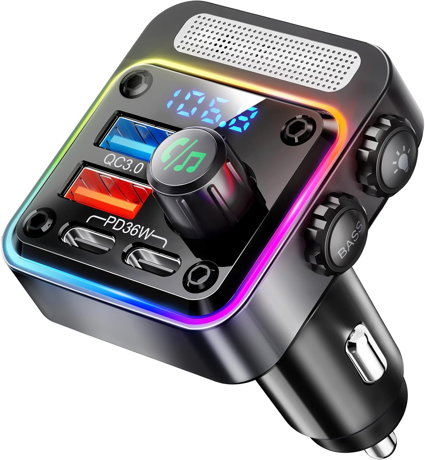 Antyman 54W Bluetooth 5.3 Car Adapter, FM Transmitter 4-Port Fast Charging | Wireless FM Radio Music Player with Deep Bass, 5 Colors LED Backlit, Hands-Free Calling, PD&QC Car Charger Support USB Drive