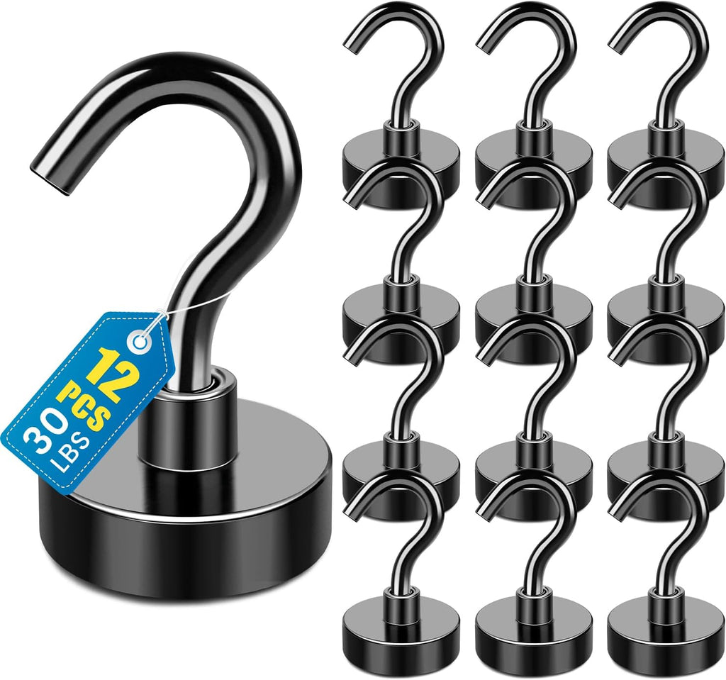 FOCOTOS Magnetic Hooks, 12 Pack 30lbs+ Magnet Hook 2026 Cruise Cabin Ship Essentials Heavy Duty Strong Magnets Refrigerator Fridge Hanging for Classroom Beach Vacation Kitchen Grills (Black)