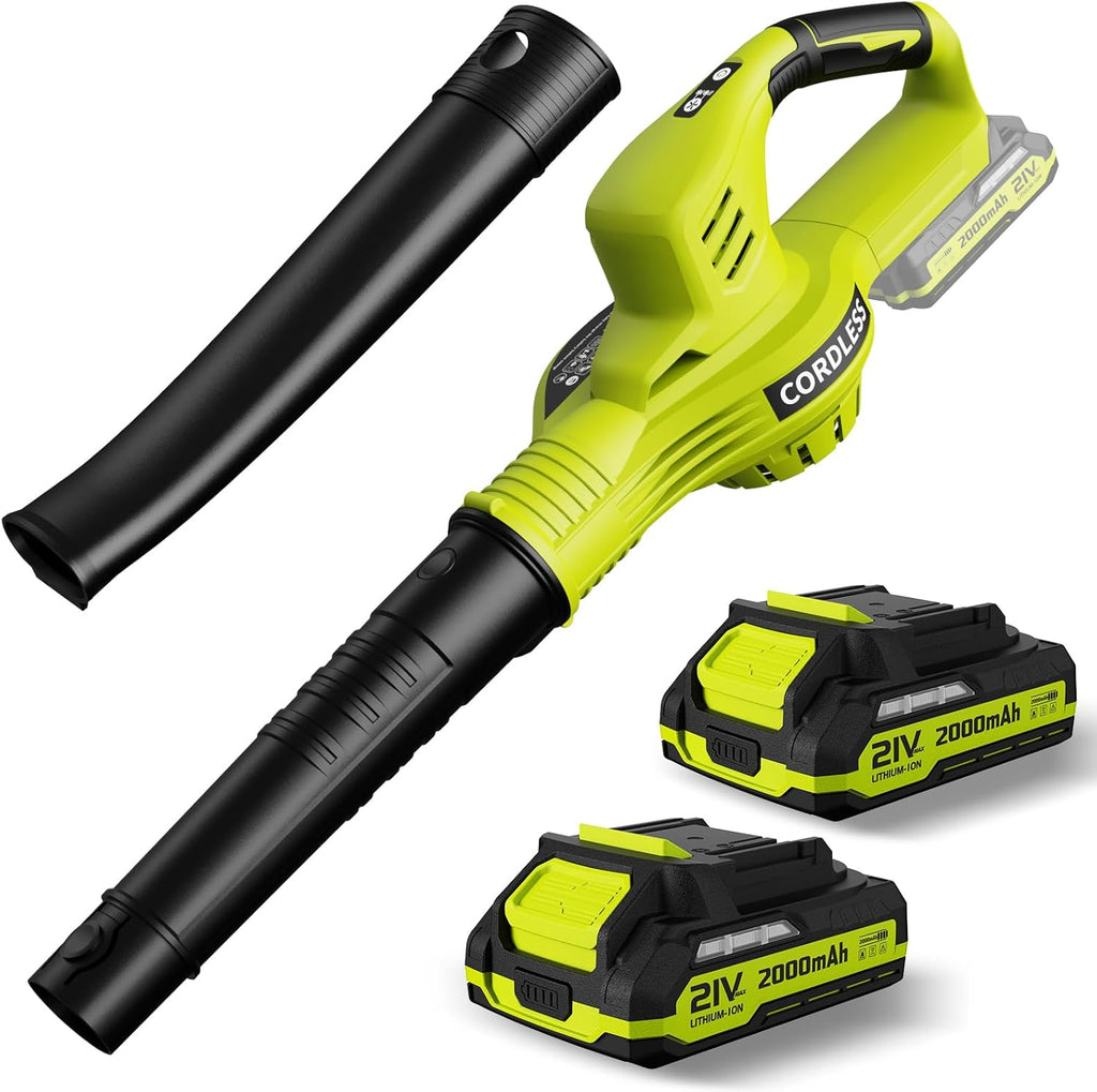 FOCOTOS Leaf Blower Cordless - 21V Powerful Electric Leaf Blower with 2 Batteries and Charger, 2 Speed Modes, 2.0Ah Lightweight Battery Powered Leaf Blowers for Lawn Care, Patio, Dust, Blowing Leaves