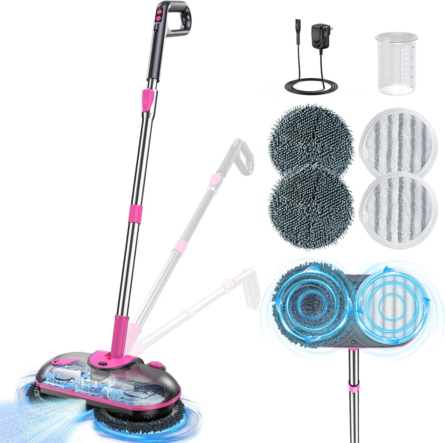 FOCOTOS Cordless Electric Mop, Electric Spin Mop with Water Sprayer, Powerful Floor Cleaner, 300ml Tank Self-Propelled for Hardwood & Tile, Adjustable Handle, 2500mAh Long-Lasting Battery, Pink