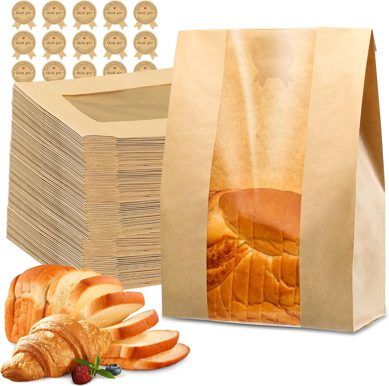 FOCOTOS 50 Pcs Bread Bags for Homemade Bread, Sourdough Paper With Window, 50% Thicker 13.7x8.2x3.7in A Large Bakery Bags Used for Storage Cookies & Snacks, 60 Cute Sealing Stickers With Ties