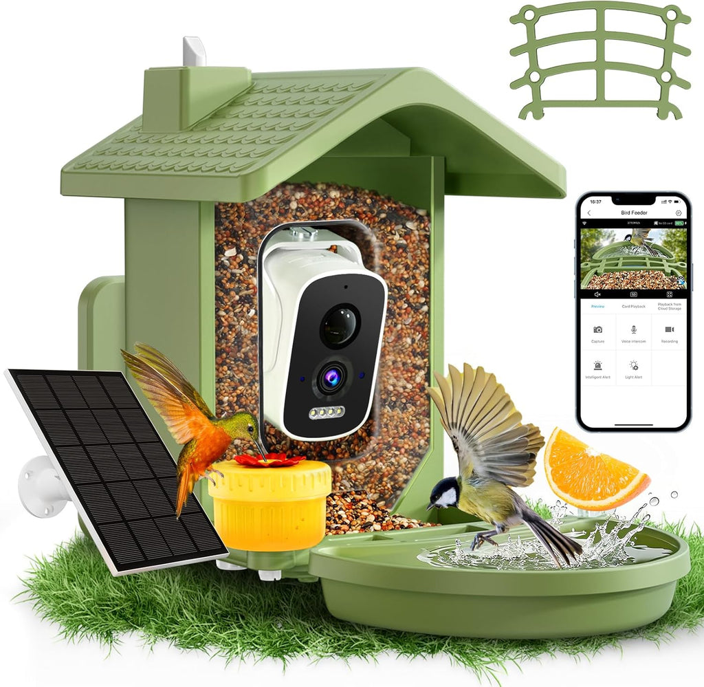 FOCOTOS Smart Bird Feeder with Camera Solar Powered, AI Birds Species Identification, 2.5K HD Video Bird House with Camera for Outside, Weatherproof Design Ideal Gifts for Christmas, Bird Lovers, Green