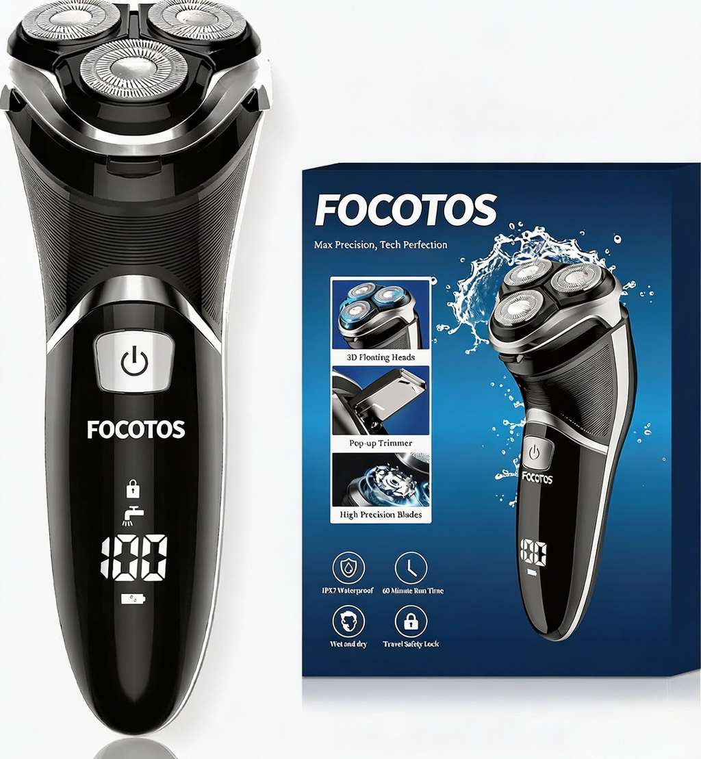 Men's Electric Shaver - FOCOTOS Corded and Cordless Rechargeable 3D Rotary Shaver Razor for Men with Pop-up Sideburn Trimmer Wet and Dry, IPX7 Waterproof, Plug & Play