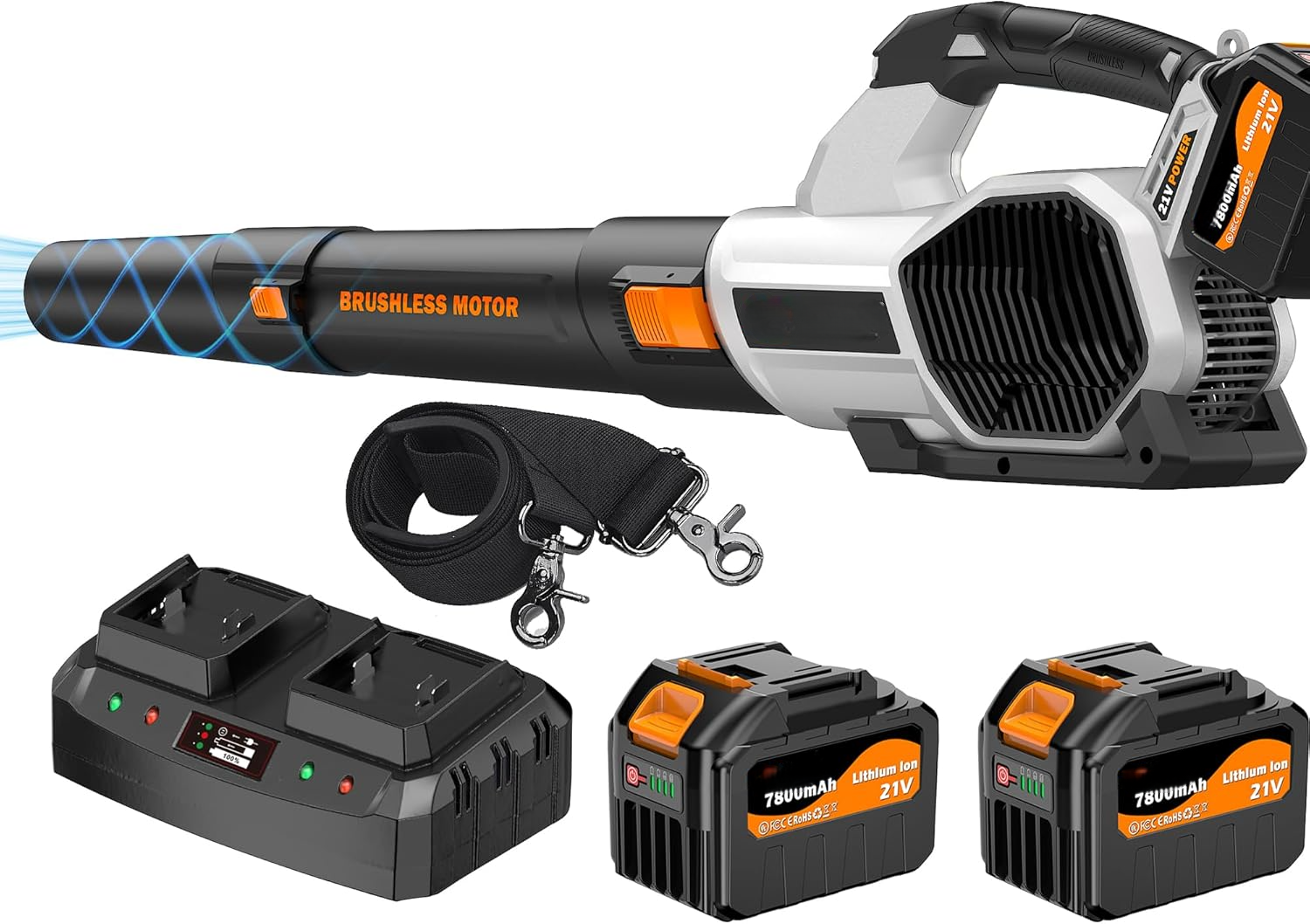 FOCOTOS Leaf Blower Cordless, 765CFM Electric Leaf Blowers with 2 x 7.8Ah Batteries and Dual Rapid Charger, 3- Speed & Turbo Mode, with LED lighting, 1 x Shoulder Strap, Blowers for Lawn Care - SL9501