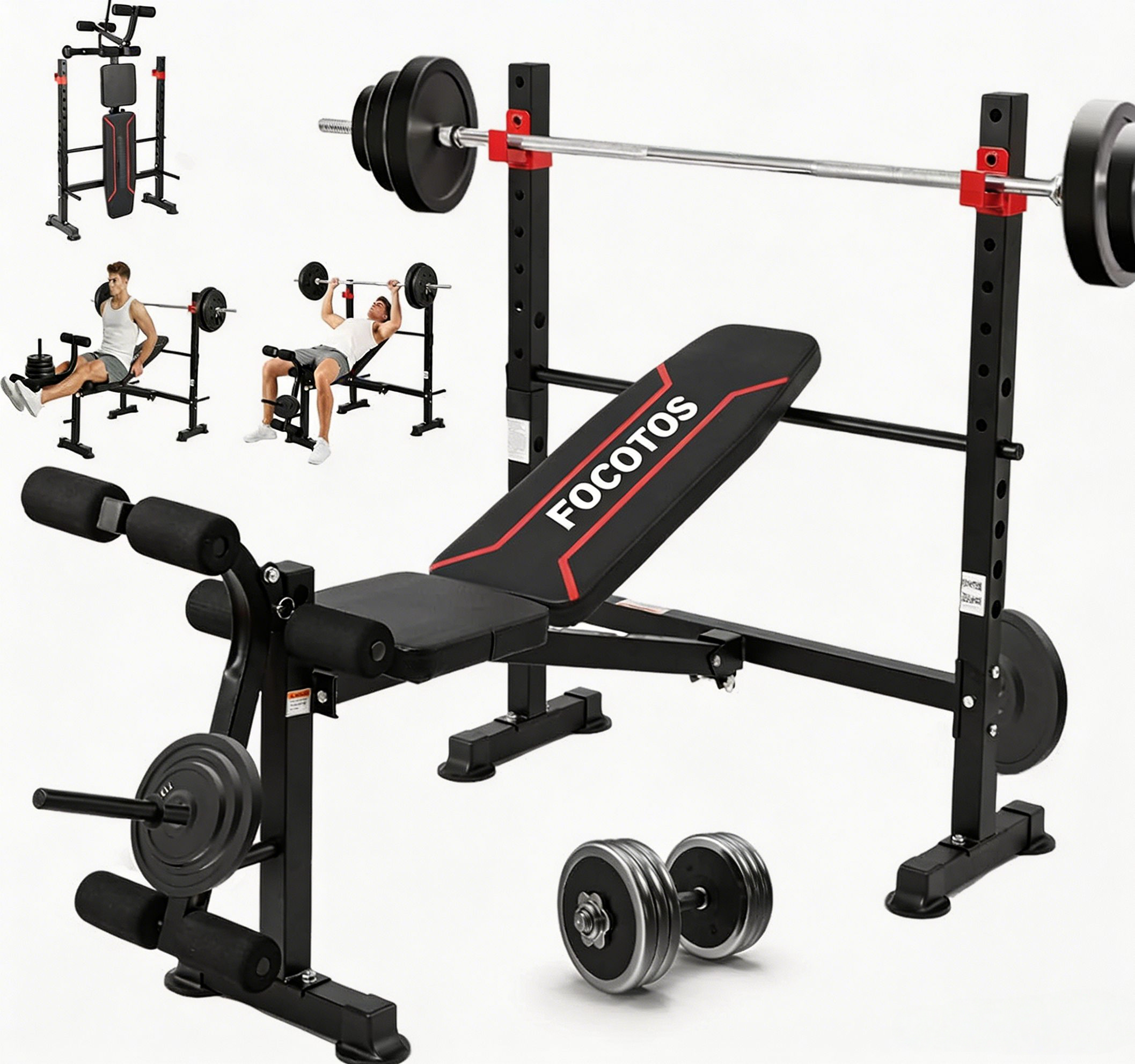 FOCOTOS 1500LBS / 750LBS 8 in 1 Weight Bench with Leg Extension and Squat Rack, Adjustable Flat Incline Decline Bench Press for Full Body Workout（US Stock）