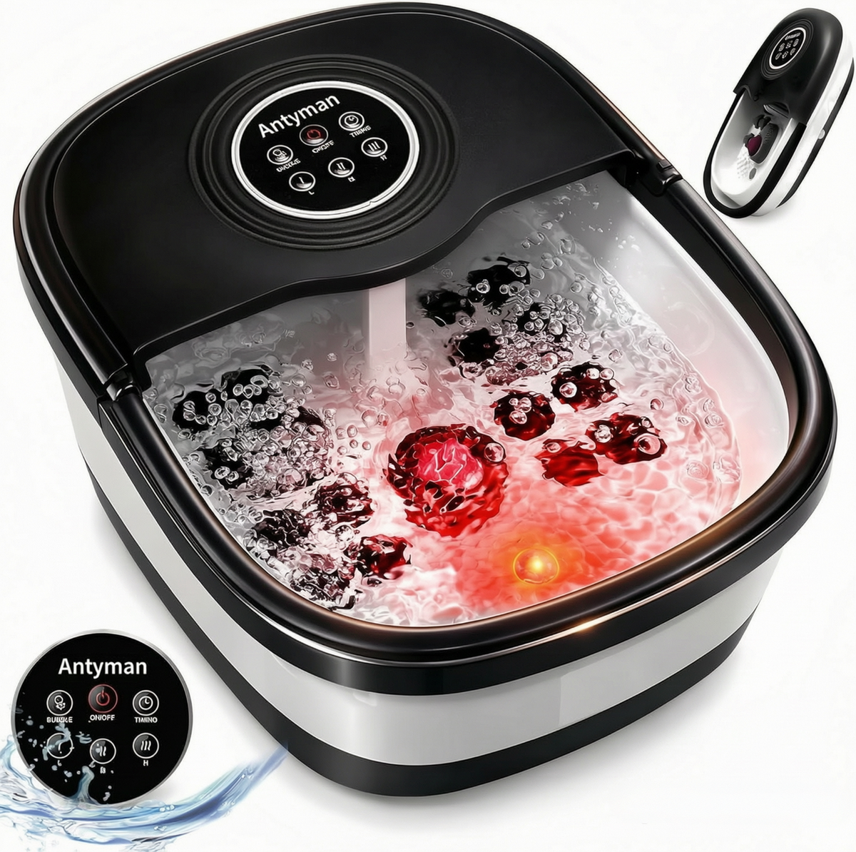 Antyman Collapsible Foot Spa Bath with Heat & Bubble, Foot Soaking Tub with Timer and Red Light., 16 Rollers & Pumice Stone, Enjoy Warm Water Foot Bath, Gift for Wife and Mom, Black