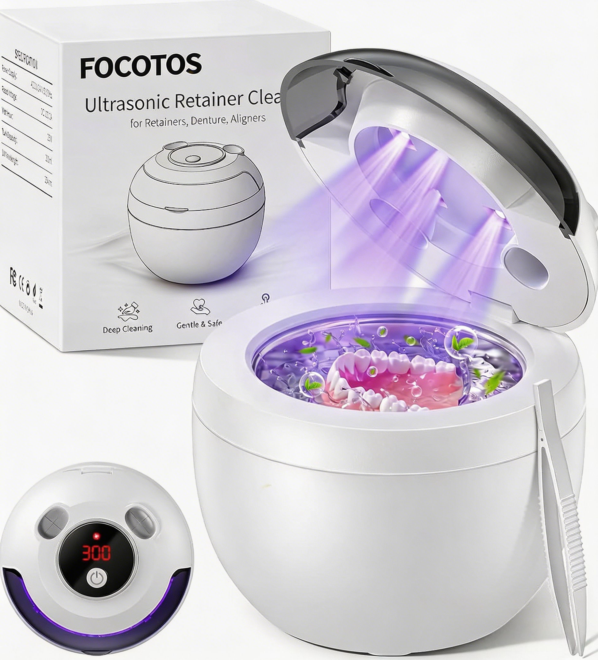 FOCOTOS Ultrasonic Retainer Cleaner Machine, 45kHz Deep Gentle Dental Cleaning Pod with 304 Stainless Steel Tank, 4 Cleaning Modes for Aligners, Dentures, Mouth Guards, Night Guards, Toothbrush Heads