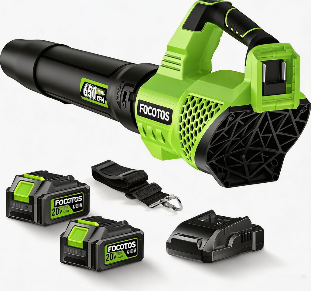 FOCOTOS Leaf Blower Cordless, 650CFM Electric Leaf Blowers with 2 x 5.2Ah Batteries and Charger, 3 Speed Modes, 1 x Adjustable Shoulder Strap, Powerful Blowers for Lawn Care, Patio, Dust, Blowing Leaves