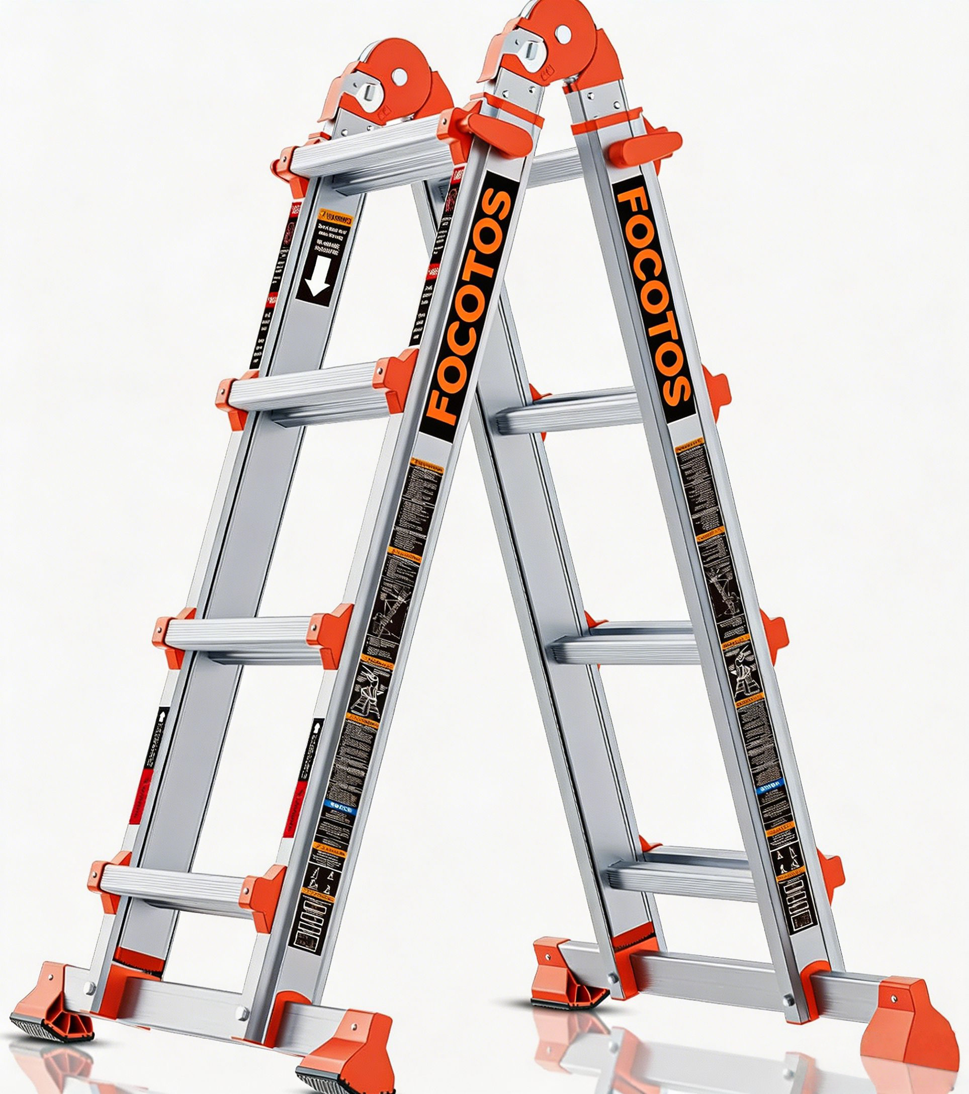 FOCOTOS A Frame 4 Step Ladder Extension, 14 FT Anti-Slip Multi Position & Storage Folding Ladder, 330 lbs Security Load Telescoping Aluminum Ladders for Stairs Home Indoor Outdoor Roof