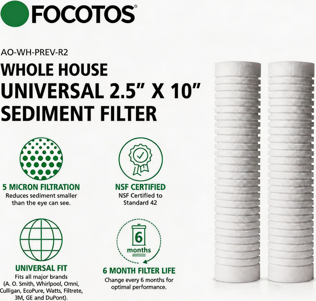 FOCOTOS 2.5"x10" 5 Micron Sediment Water Filter Replacement Cartridge - 2 Pack - NSF/ANSI 42 Certified - For Whole House Filtration Systems - AO-WH-PREV-R2