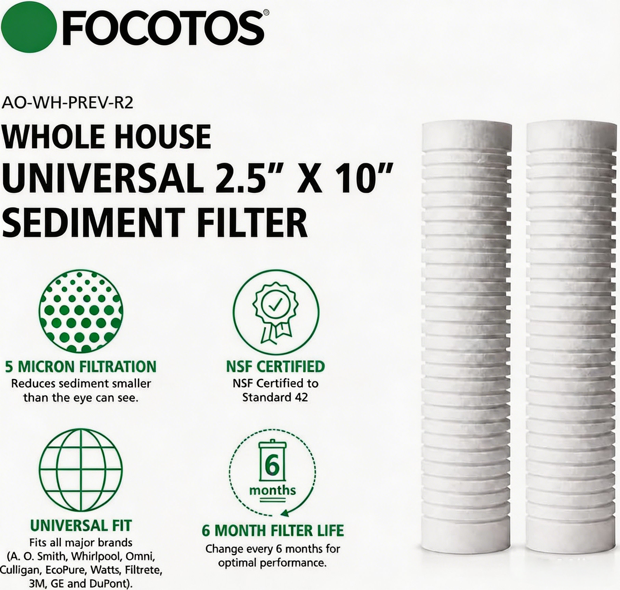 FOCOTOS 2.5"x10" 5 Micron Sediment Water Filter Replacement Cartridge - 2 Pack - NSF/ANSI 42 Certified - For Whole House Filtration Systems - AO-WH-PREV-R2