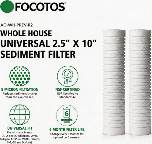 FOCOTOS 2.5"x10" 5 Micron Sediment Water Filter Replacement Cartridge - 2 Pack - NSF/ANSI 42 Certified - For Whole House Filtration Systems - AO-WH-PREV-R2