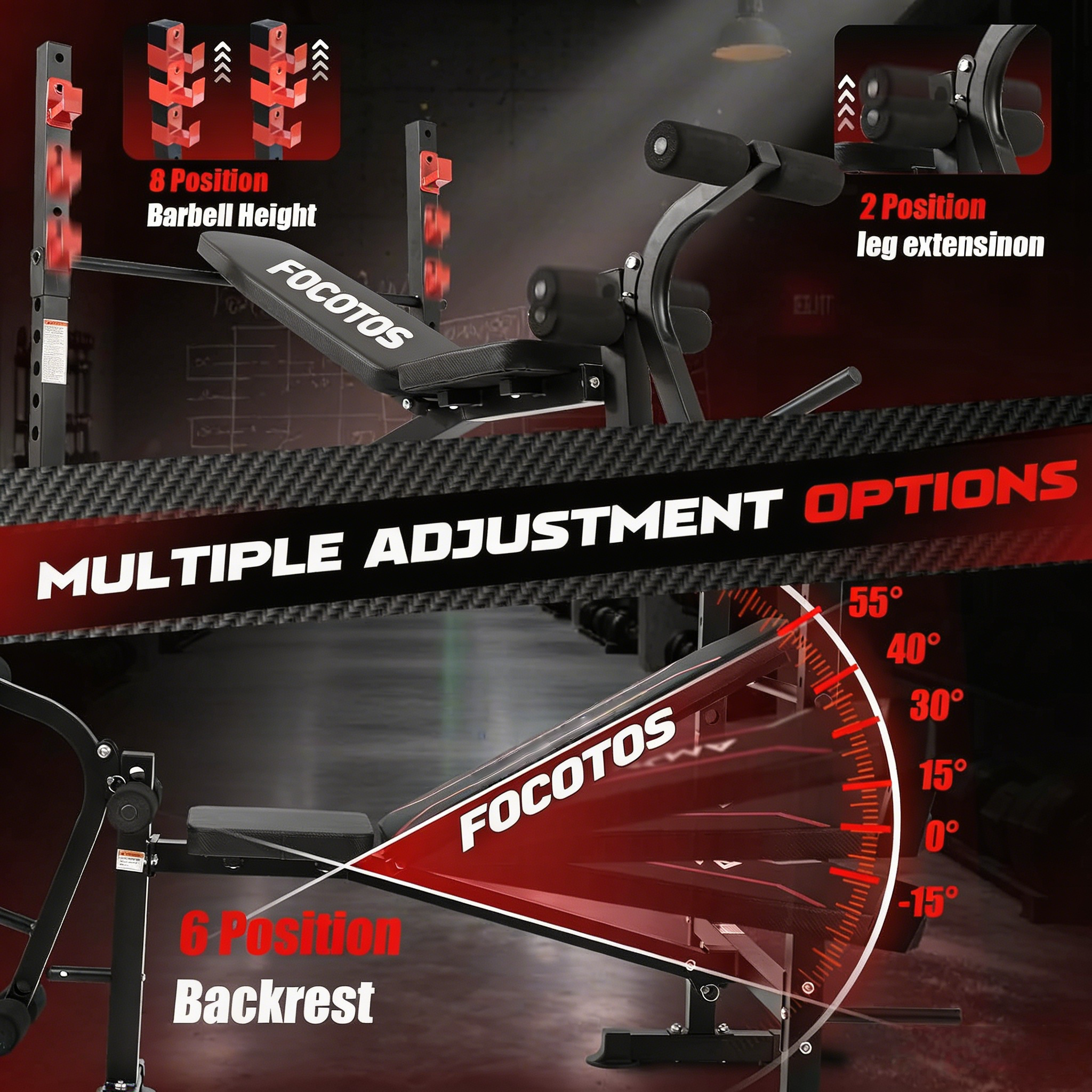 FOCOTOS Foldable 1500LBS Capacity 8 IN 1 Weight Bench Set with Leg Extension/Squat Rack/Preacher Curl, Adjustable Bench Press for Home Gym Full Body Workout (US Stock)