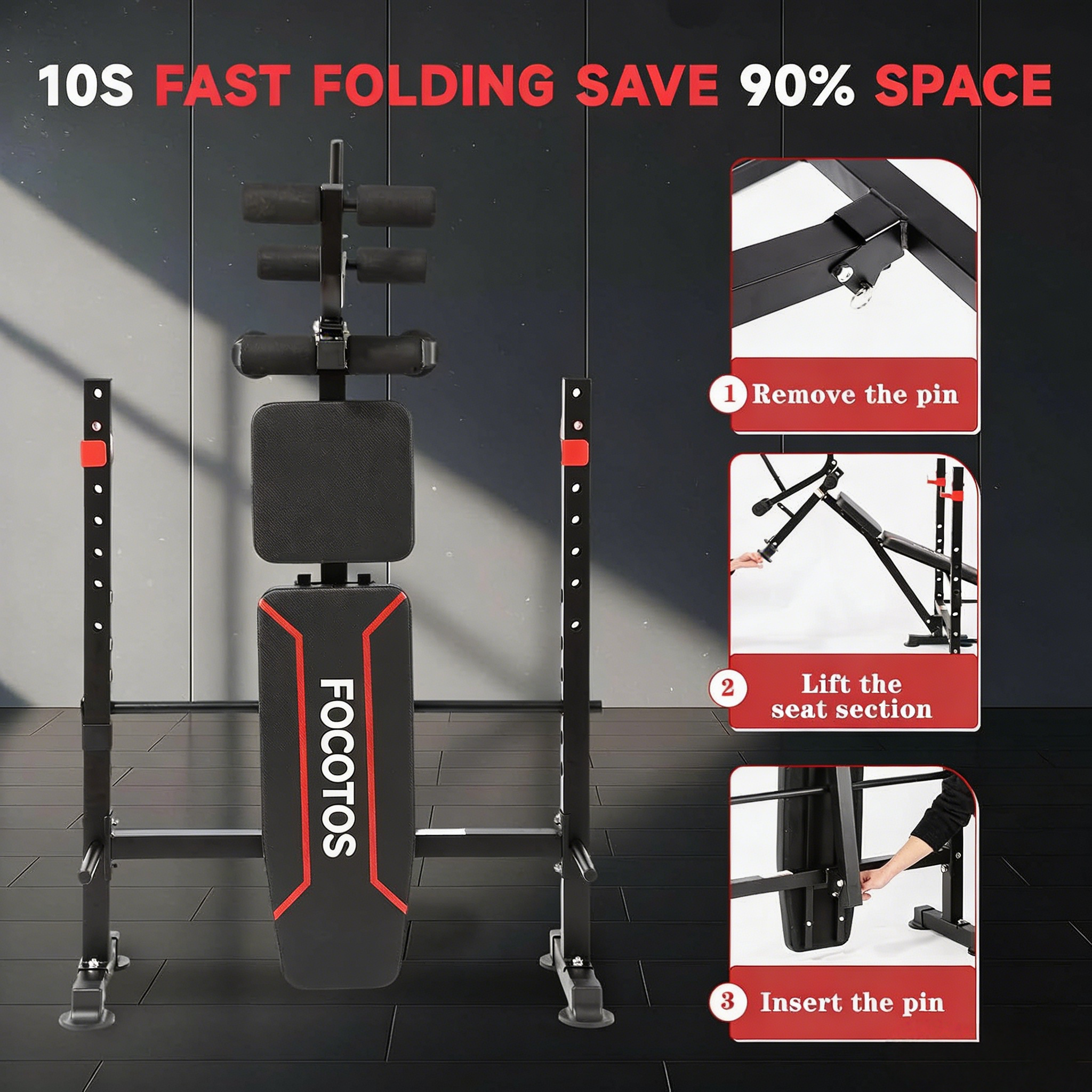 FOCOTOS 1500LBS / 750LBS 8 in 1 Weight Bench with Leg Extension and Squat Rack, Adjustable Flat Incline Decline Bench Press for Full Body Workout（US Stock）