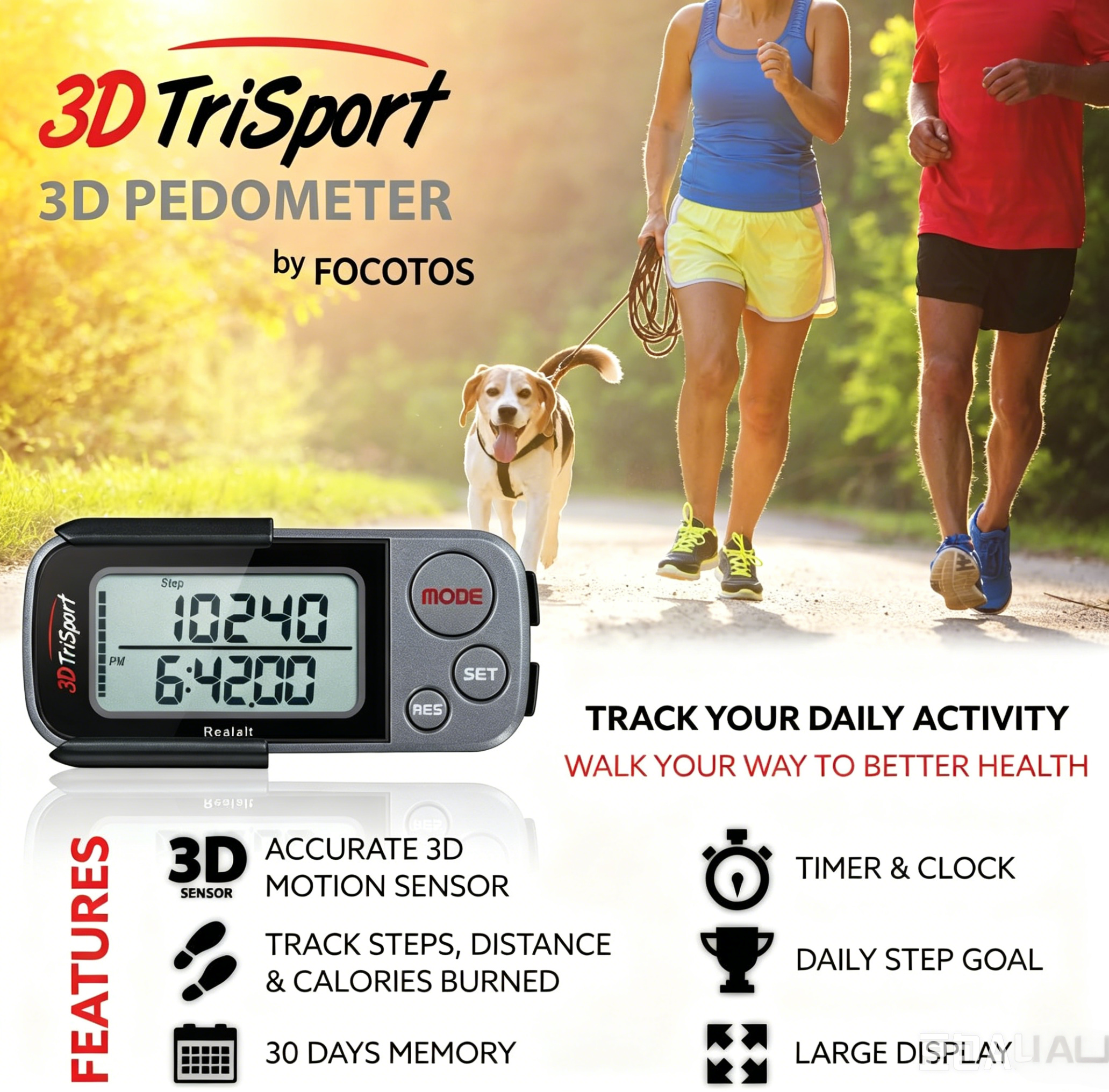 FOCOTOS 3DTriSport 3D Walking Pedometer with Clip & Strap, Accurate Step Counter with 30-Day Memory, Distance in Miles/KM with Large Display Perfect for Seniors & Beginners, eBook Included