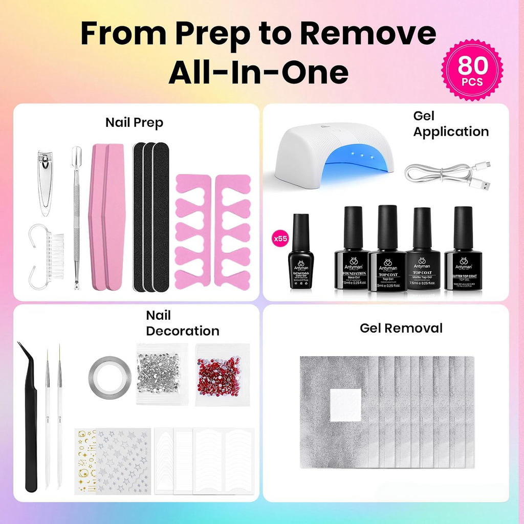 Antyman Beetles Gel Nail Polish Kit with U V Light - 80Pcs 55 Colors Gel Nail Kit | Color Enchantment with Everything Base Top Coat Beginner Starter at Home Nails Kit Manicure DIY Salon Tools Gifts for Women