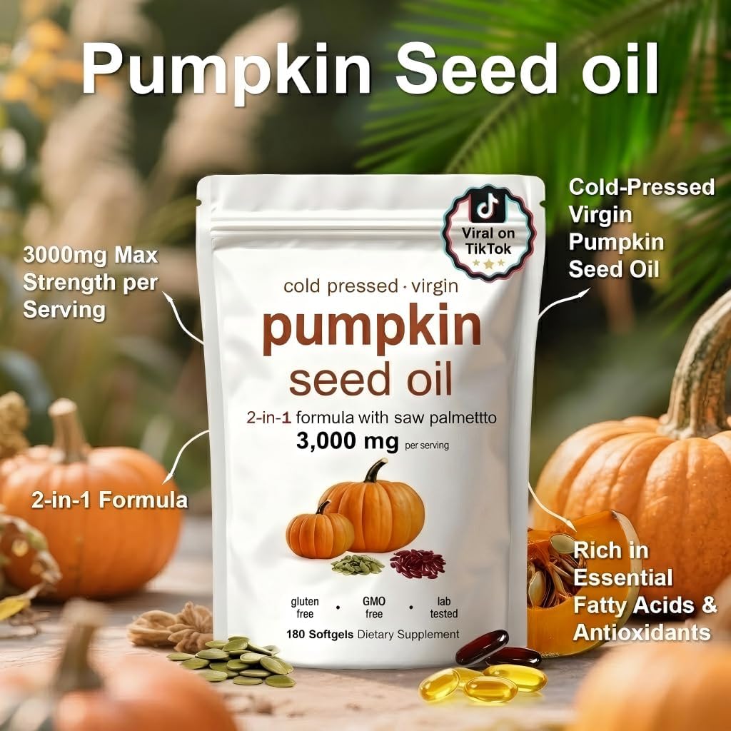 FOCOTOS Pumpkin Seed Oil Capsules, Pumpkin Seed Oil with Saw Palmetto- 3000mg -Cold Pressed - for Hair Growth- Non-GMO - 180 Softgels