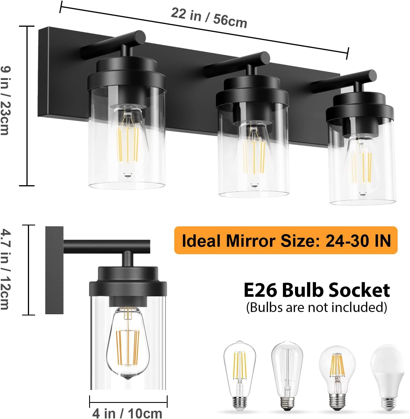 FOCOTOS Bathroom Vanity Light Fixture, 3-Light 22 Inch Matte Black Bathroom Light Fixtures Over Mirror, with Clear Glass Shade, Modern Farmhouse Vanity Lights, Rustic Restroom Lighting Fixtures