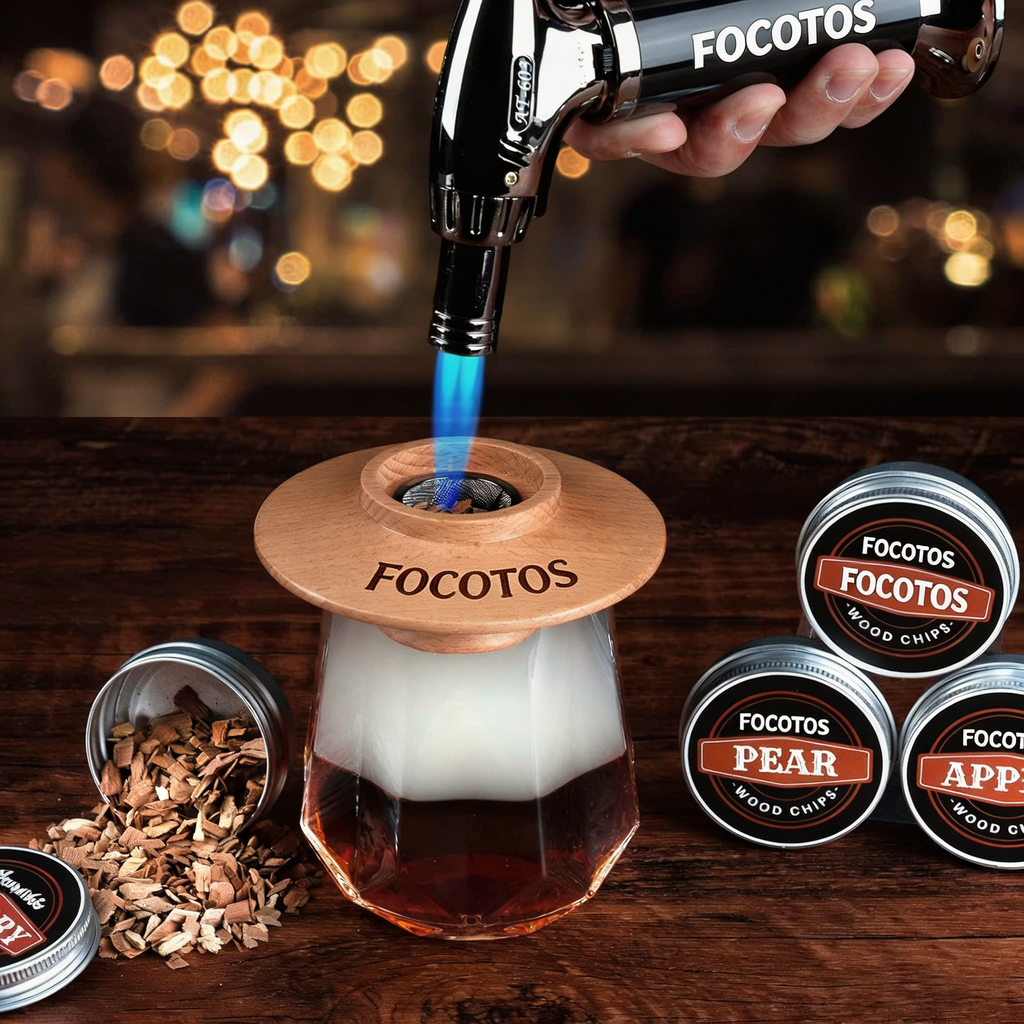 FOCOTOS Cocktail Smoker Kit with Torch – 6 Flavors Wood Chips – Bourbon, Whiskey Smoker Infuser Kit, Old Fashioned Drink Smoker Kit, Birthday Bourbon Whiskey Gifts for Men, Dad, Husband (Without Butane)