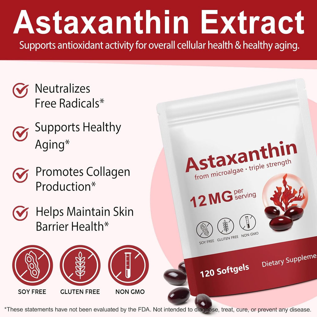 FOCOTOS Astaxanthin 12mg, 120 Softgels, 4 Month Supply, Astaxanthin Antioxidant Supplements, Supports Eye, Joint, Internal Circulation, Skin Health