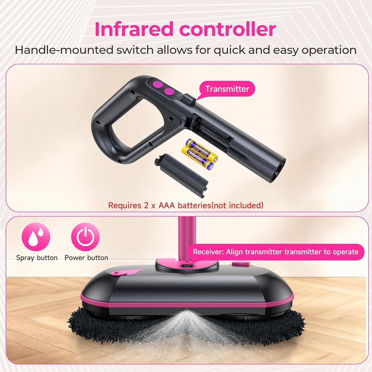 FOCOTOS Cordless Electric Mop, Electric Spin Mop with Water Sprayer, Powerful Floor Cleaner, 300ml Tank Self-Propelled for Hardwood & Tile, Adjustable Handle, 2500mAh Long-Lasting Battery, Pink