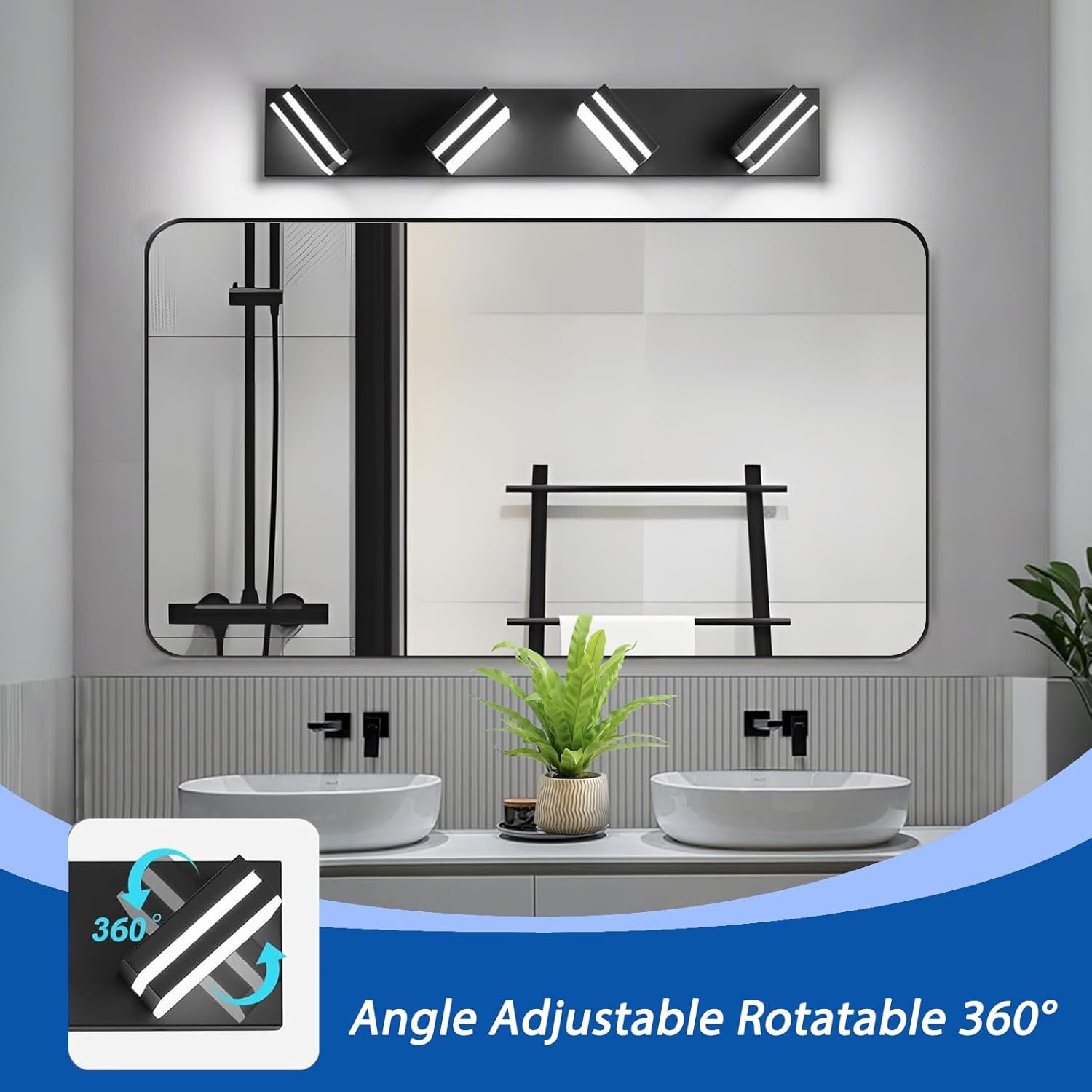 FOCOTOS LED Modern Bathroom Lights Fixtures(4-Light,Dimmable,360°Rotate),Matte Black Acrylic Wall Lighting,Vanity Lights for Bathroom Over Mirror - 6000k 24In （No Assembly Required）
