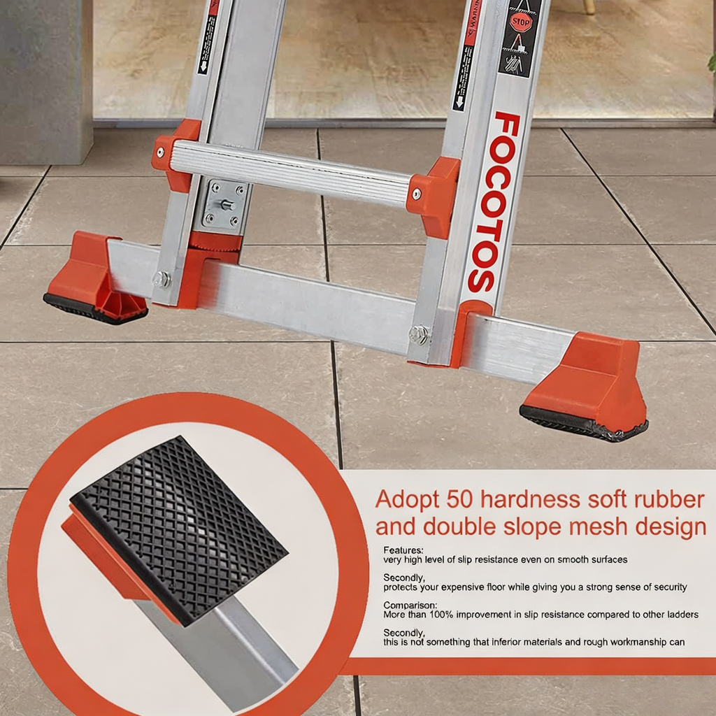 FOCOTOS A Frame 4 Step Ladder Extension, 14 FT Anti-Slip Multi Position & Storage Folding Ladder, 330 lbs Security Load Telescoping Aluminum Ladders for Stairs Home Indoor Outdoor Roof